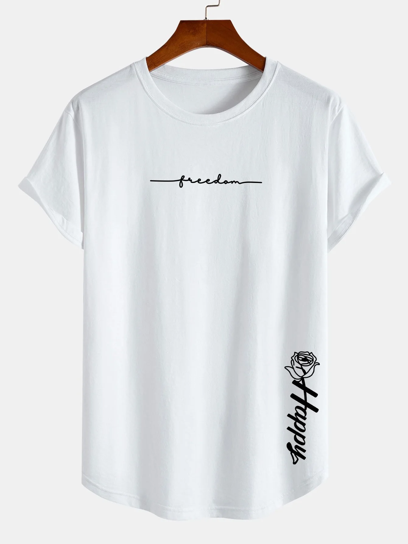 Rose mit Slogan-Print Baumwoll-T-Shirt mit abgerundetem Saum - Image 3