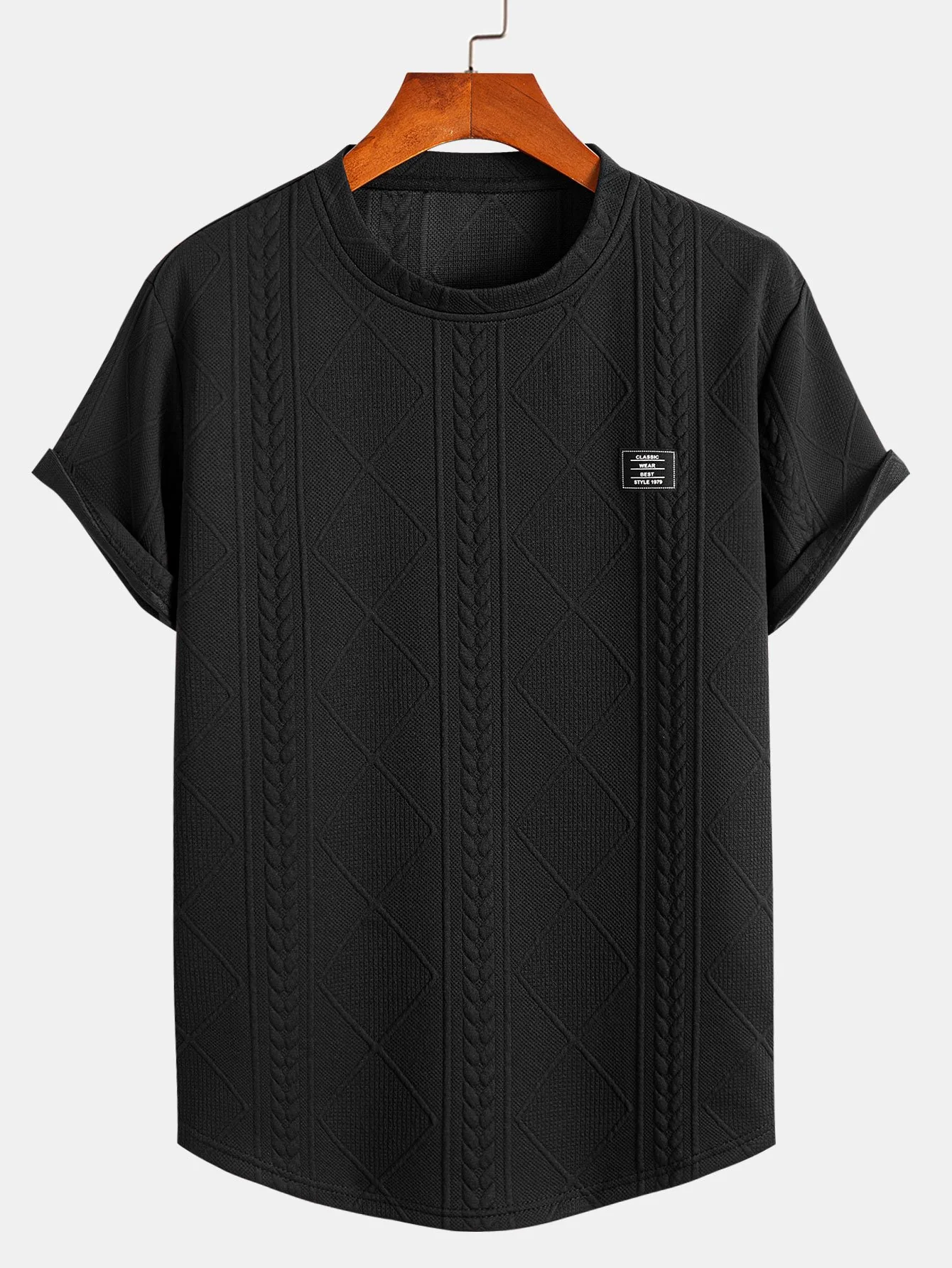 Kurzarm Geometrisches Jacquard T-Shirt mit Bogen-Saum - Image 3