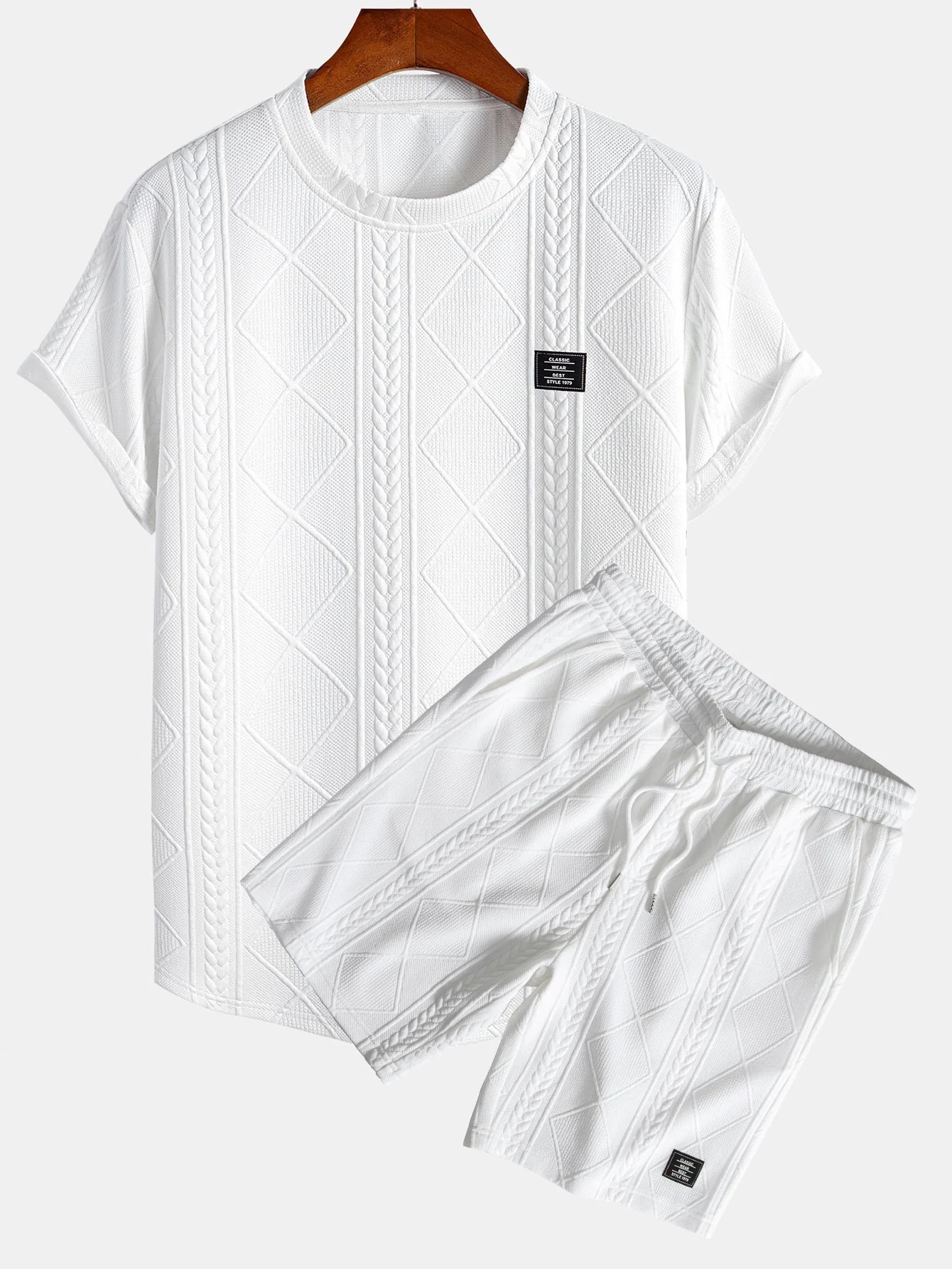 Kurzarm Geometrisches Jacquard T-Shirt mit Bogen-Saum & Shorts