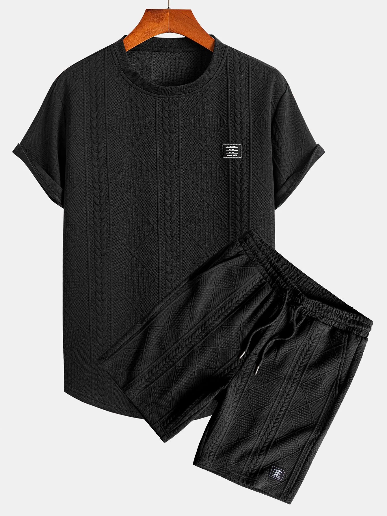 Kurzarm Geometrisches Jacquard T-Shirt mit Bogen-Saum & Shorts - Image 2