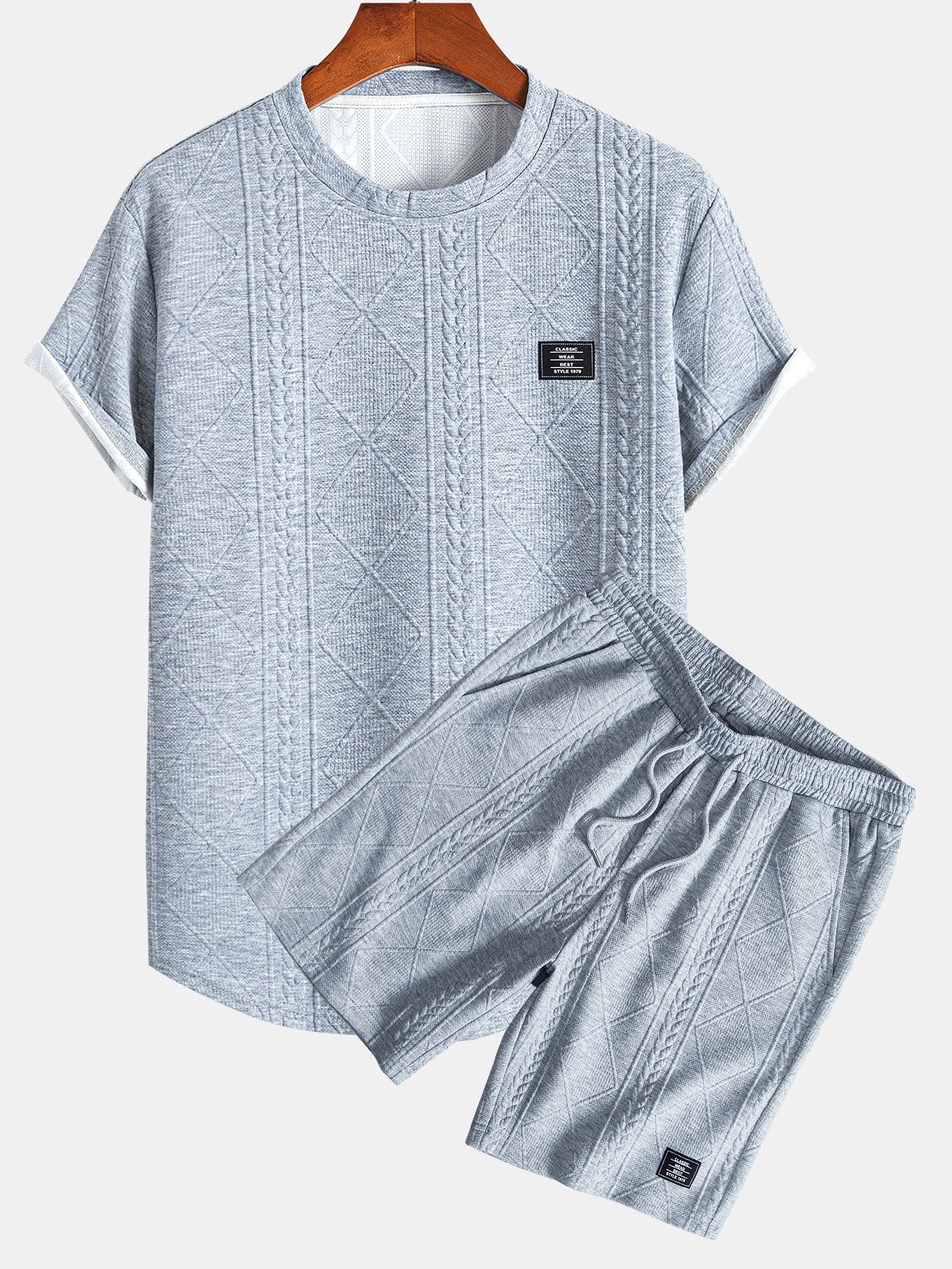 Kurzarm Geometrisches Jacquard T-Shirt mit Bogen-Saum & Shorts - Image 3