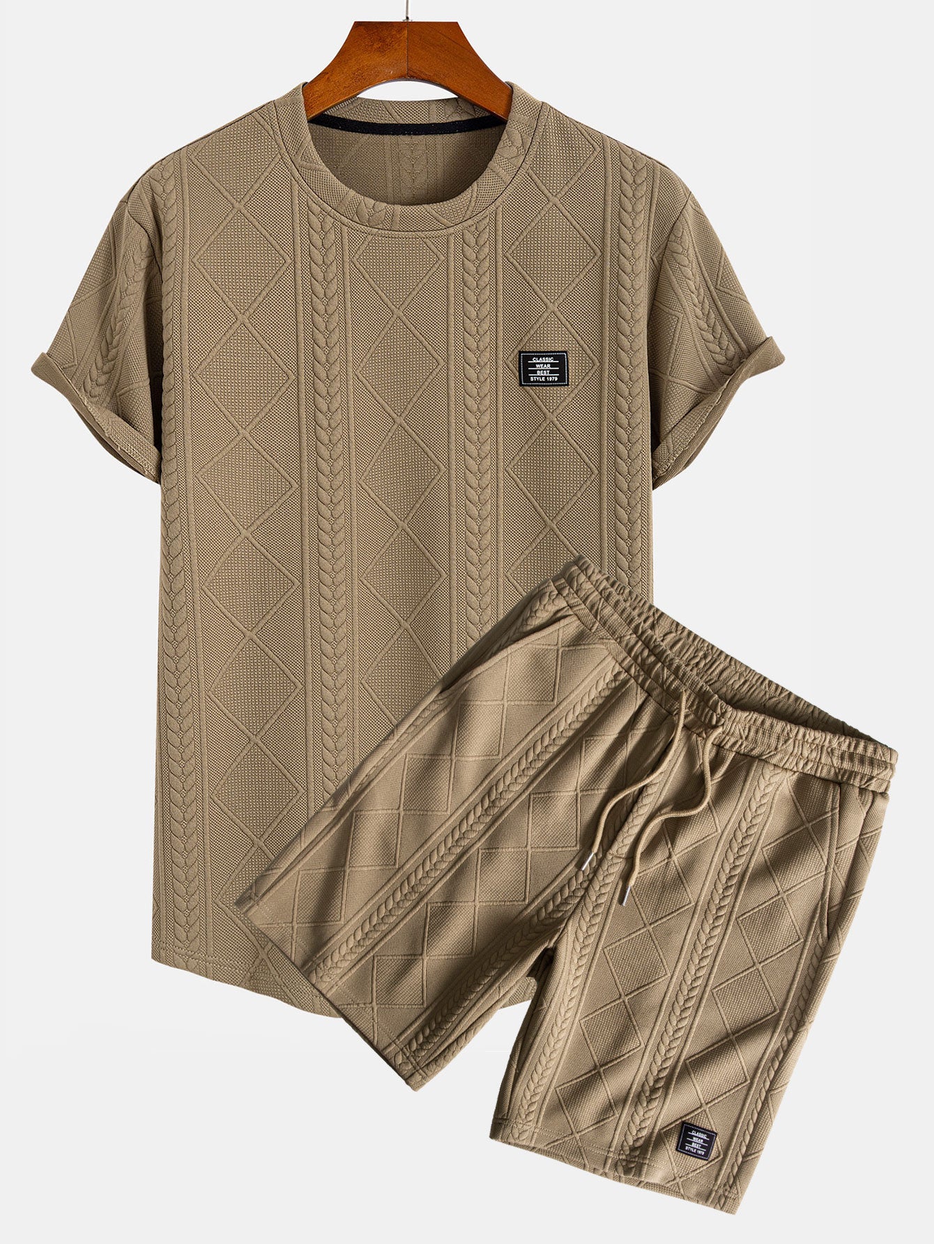 Kurzarm Geometrisches Jacquard T-Shirt mit Bogen-Saum & Shorts - Image 4