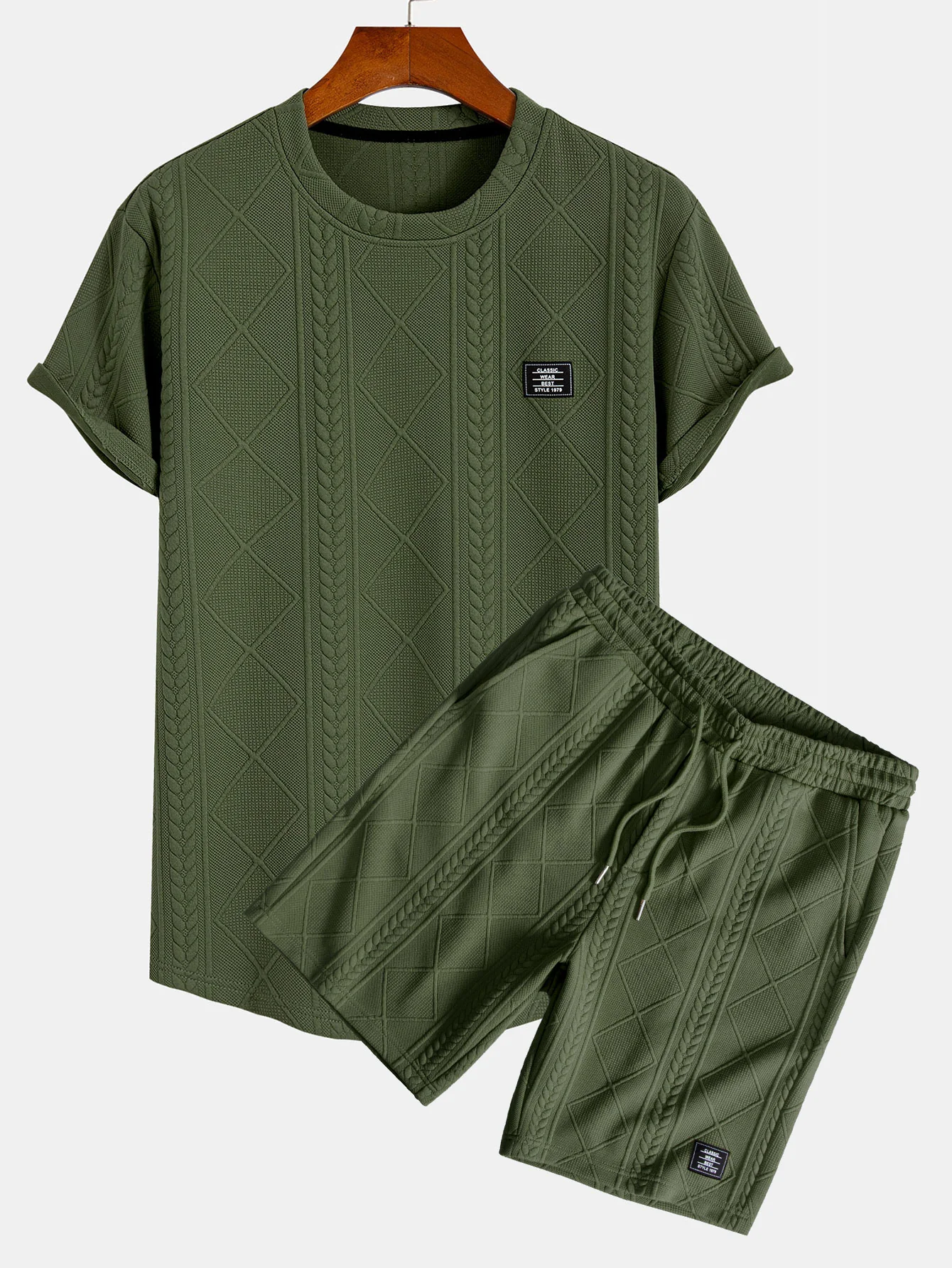 Kurzarm Geometrisches Jacquard T-Shirt mit Bogen-Saum & Shorts - Image 5