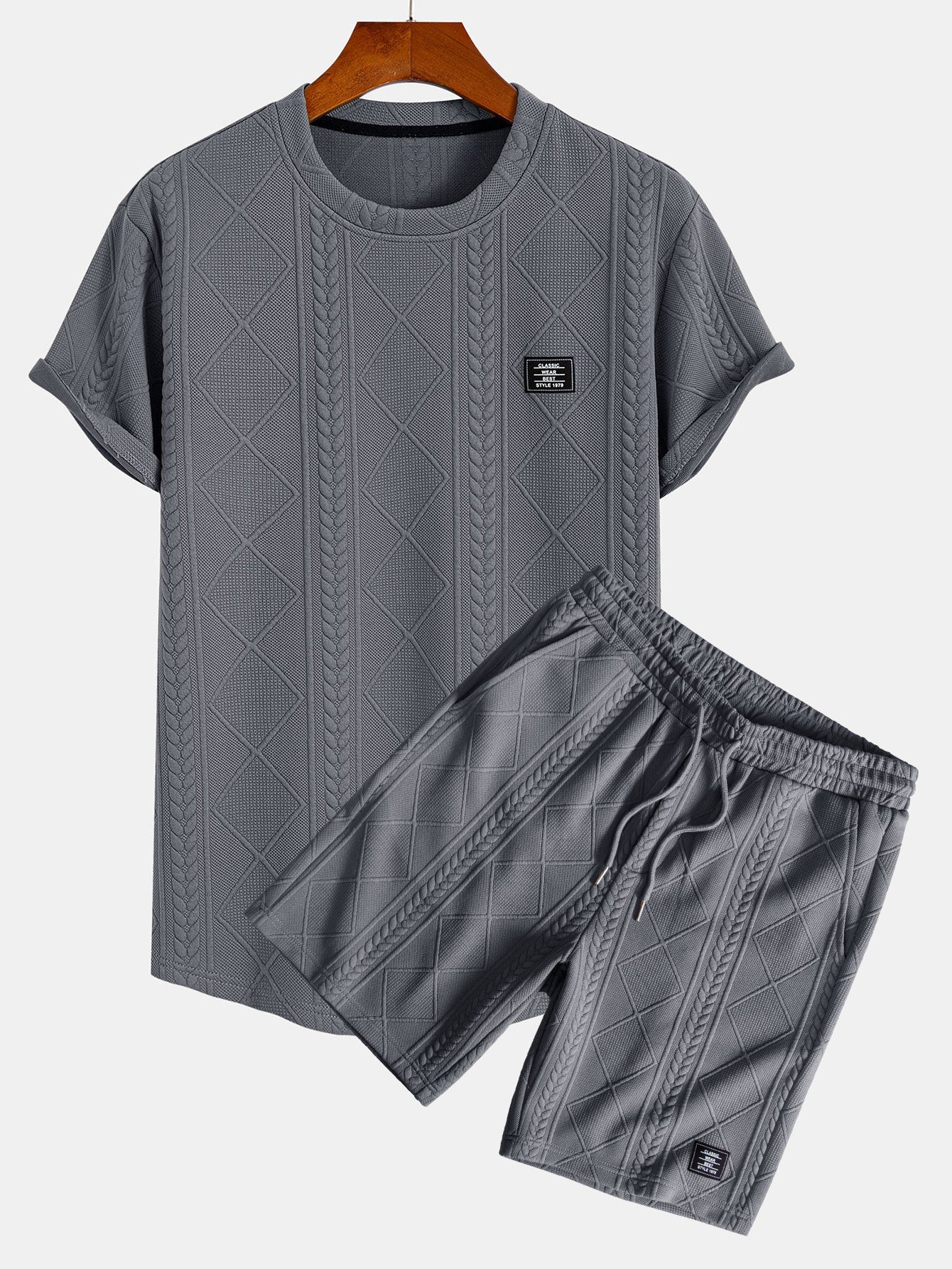 Kurzarm Geometrisches Jacquard T-Shirt mit Bogen-Saum & Shorts - Image 6