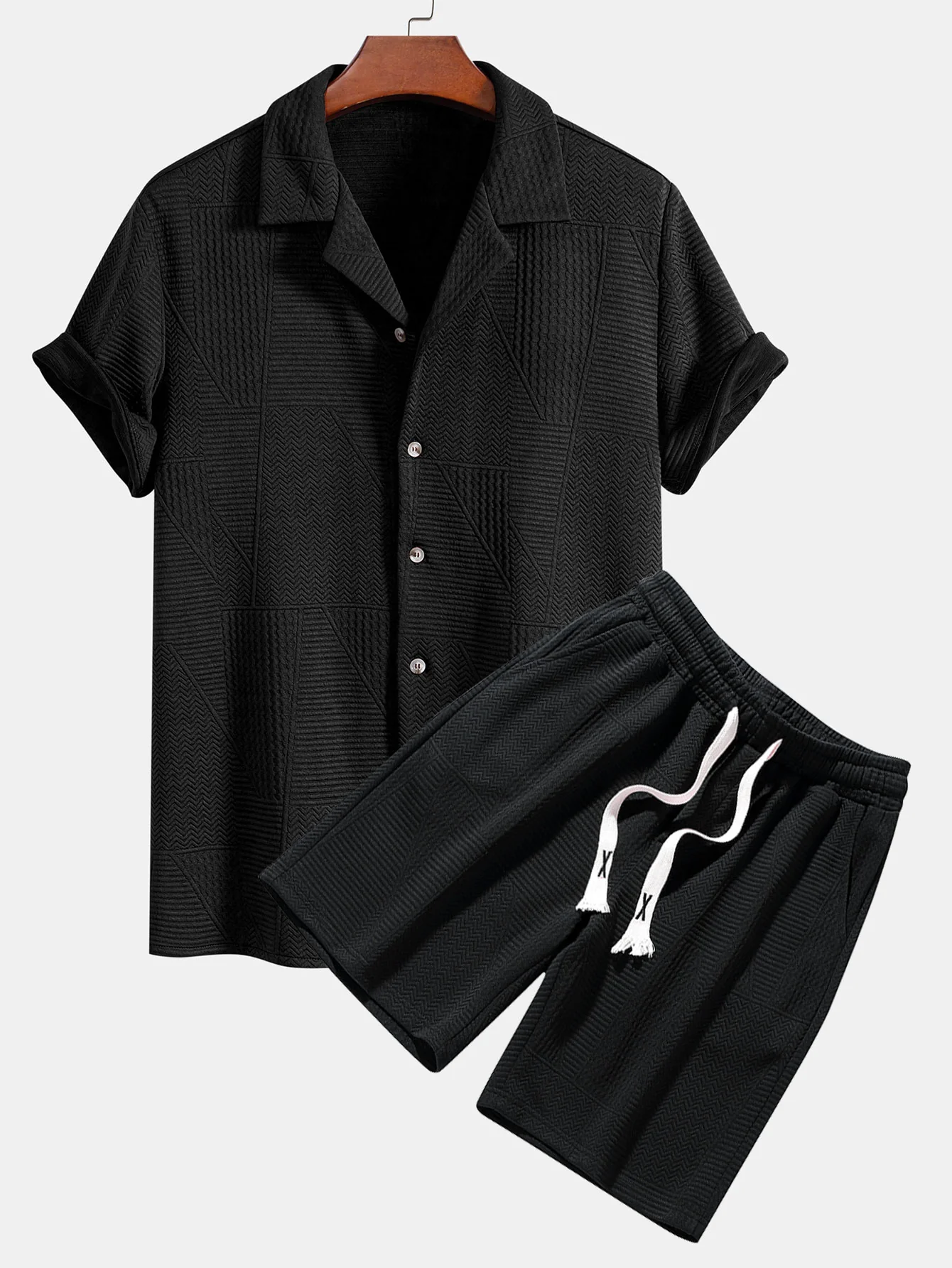 Kurzarm-Geometrie-Strukturierte Cuban-Shirt & Shorts