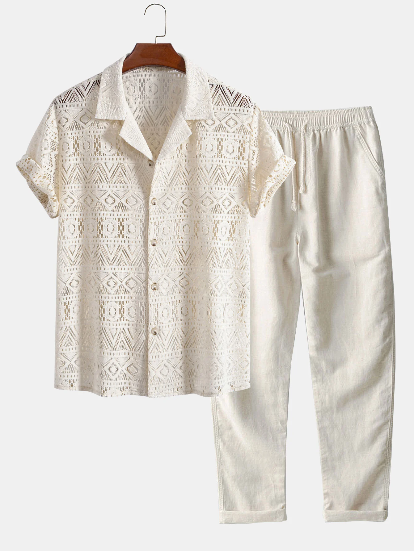 Kurzarm-Geometrie-Strukturierte Cuban-Shirt & Gerade Bein Leinenhose