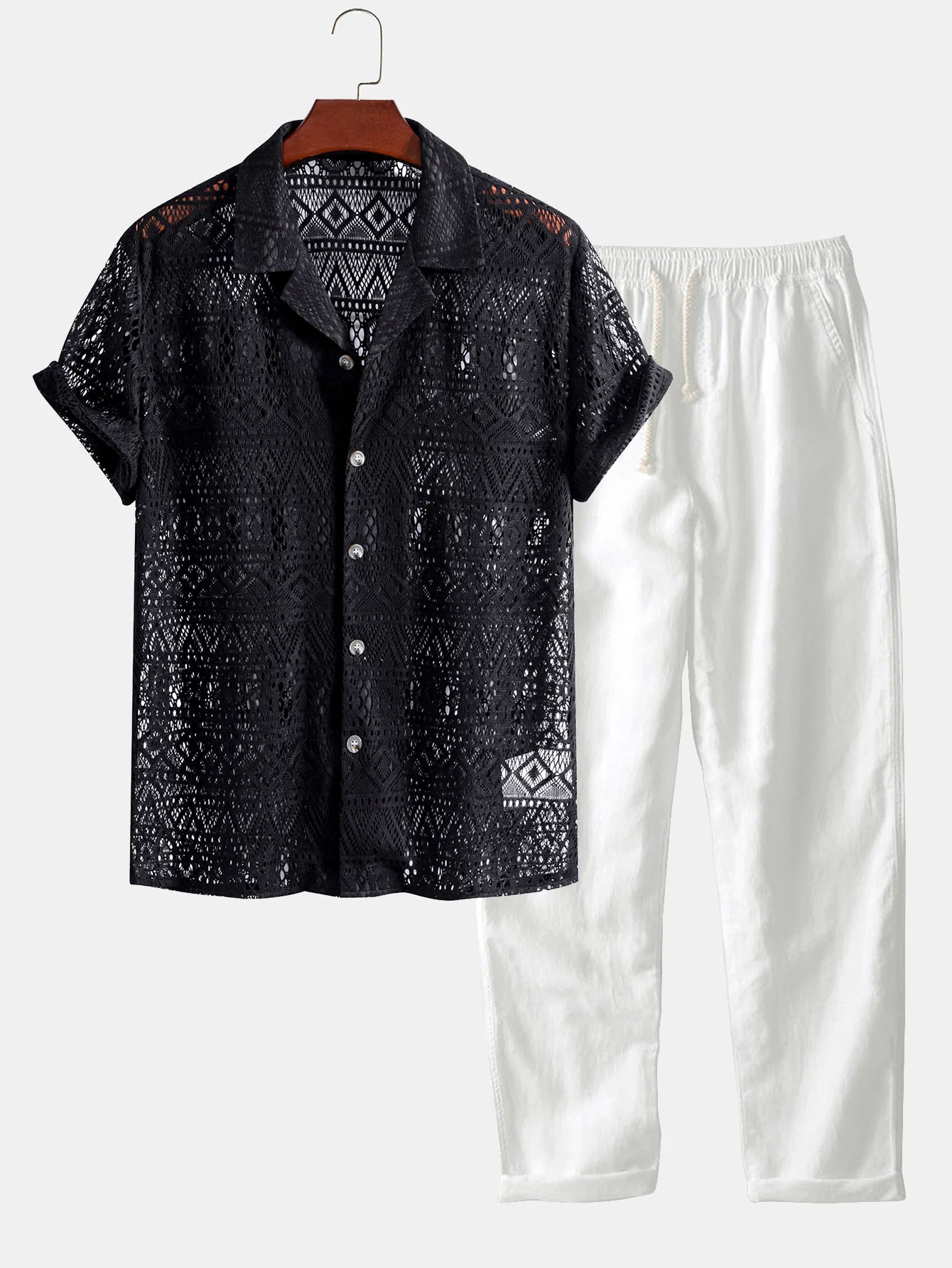 Kurzarm-Geometrie-Strukturierte Cuban-Shirt & Gerade Bein Leinenhose - Image 2