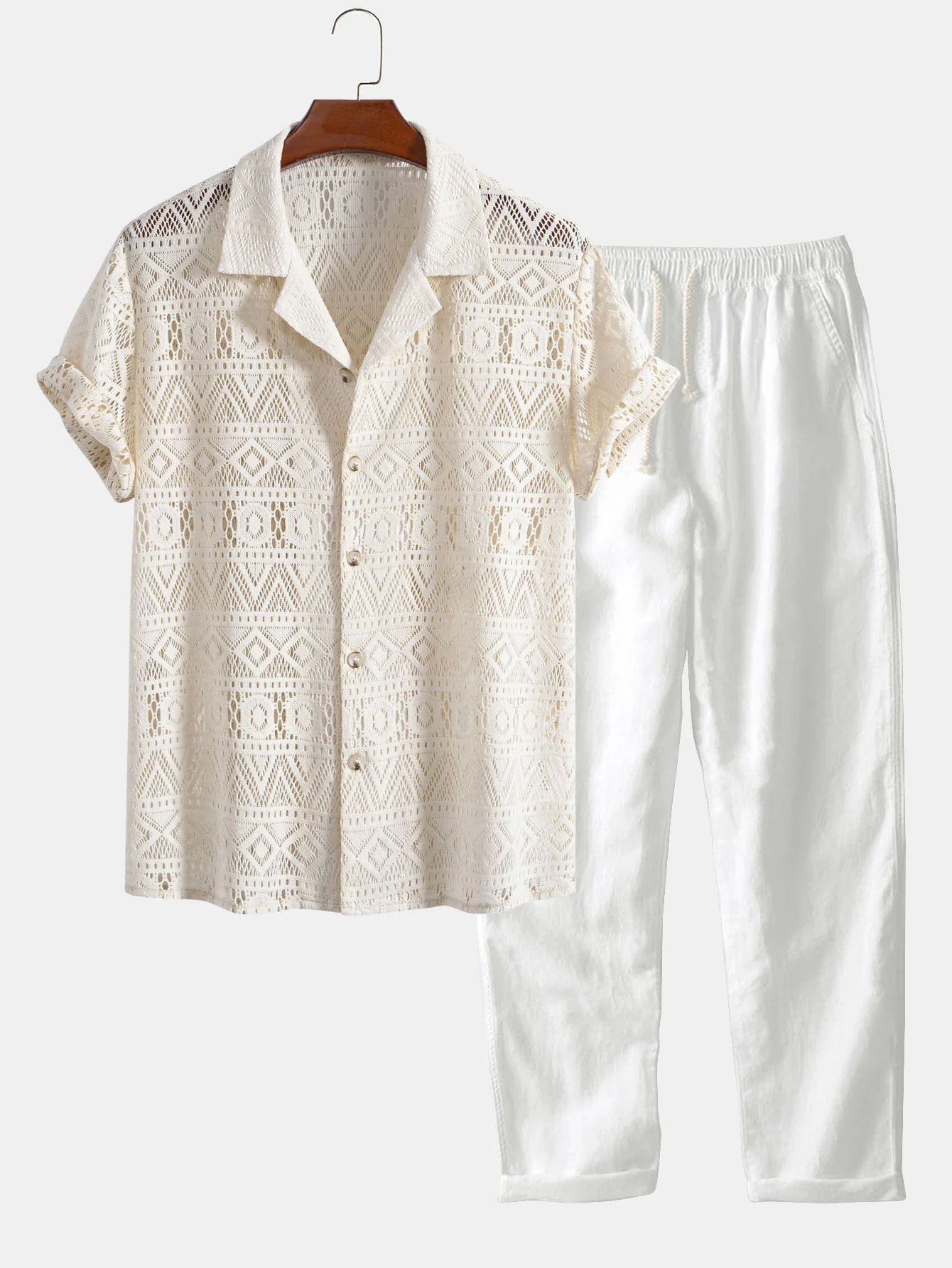 Kurzarm-Geometrie-Strukturierte Cuban-Shirt & Gerade Bein Leinenhose - Image 3