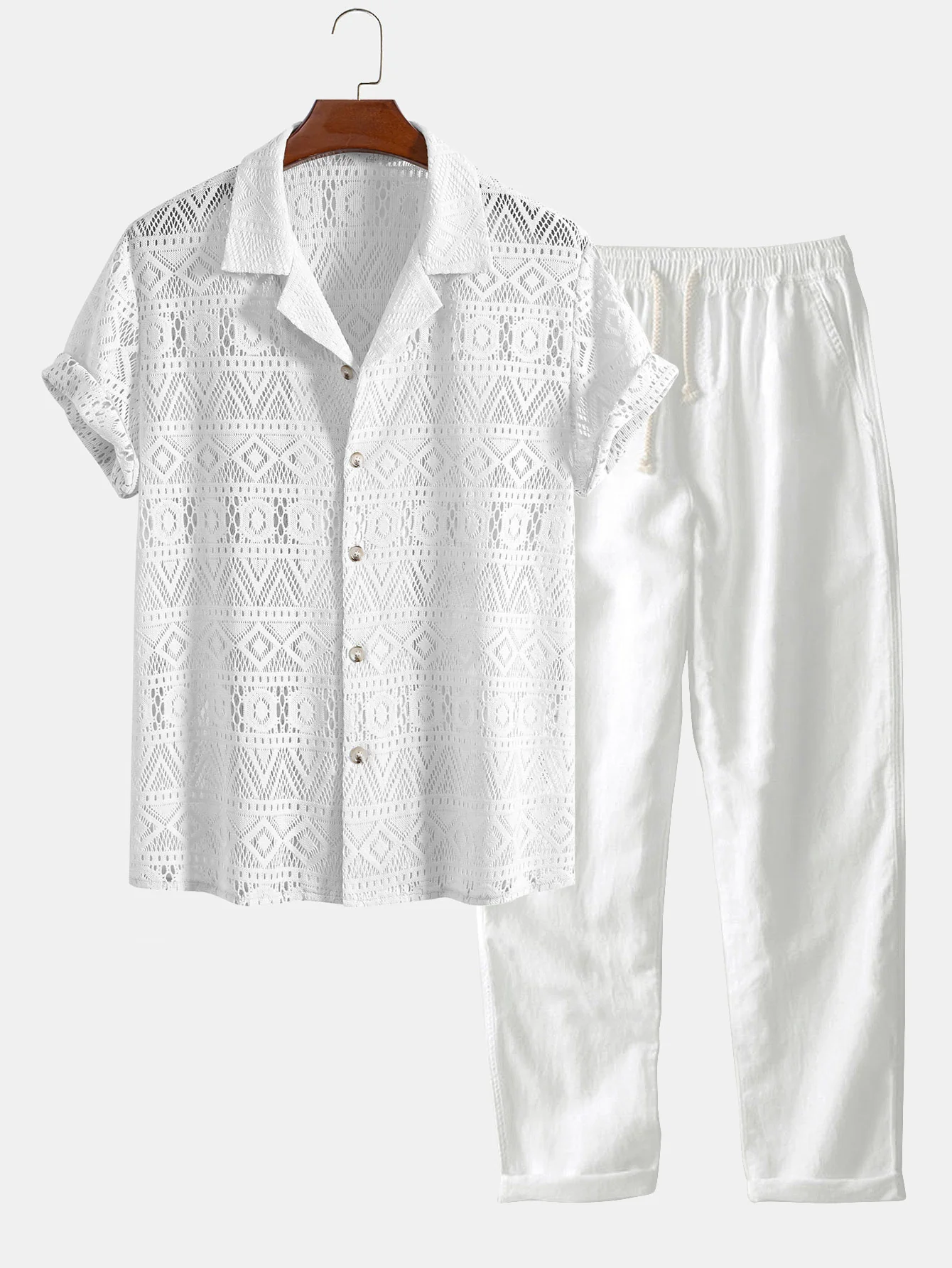 Kurzarm-Geometrie-Strukturierte Cuban-Shirt & Gerade Bein Leinenhose - Image 4