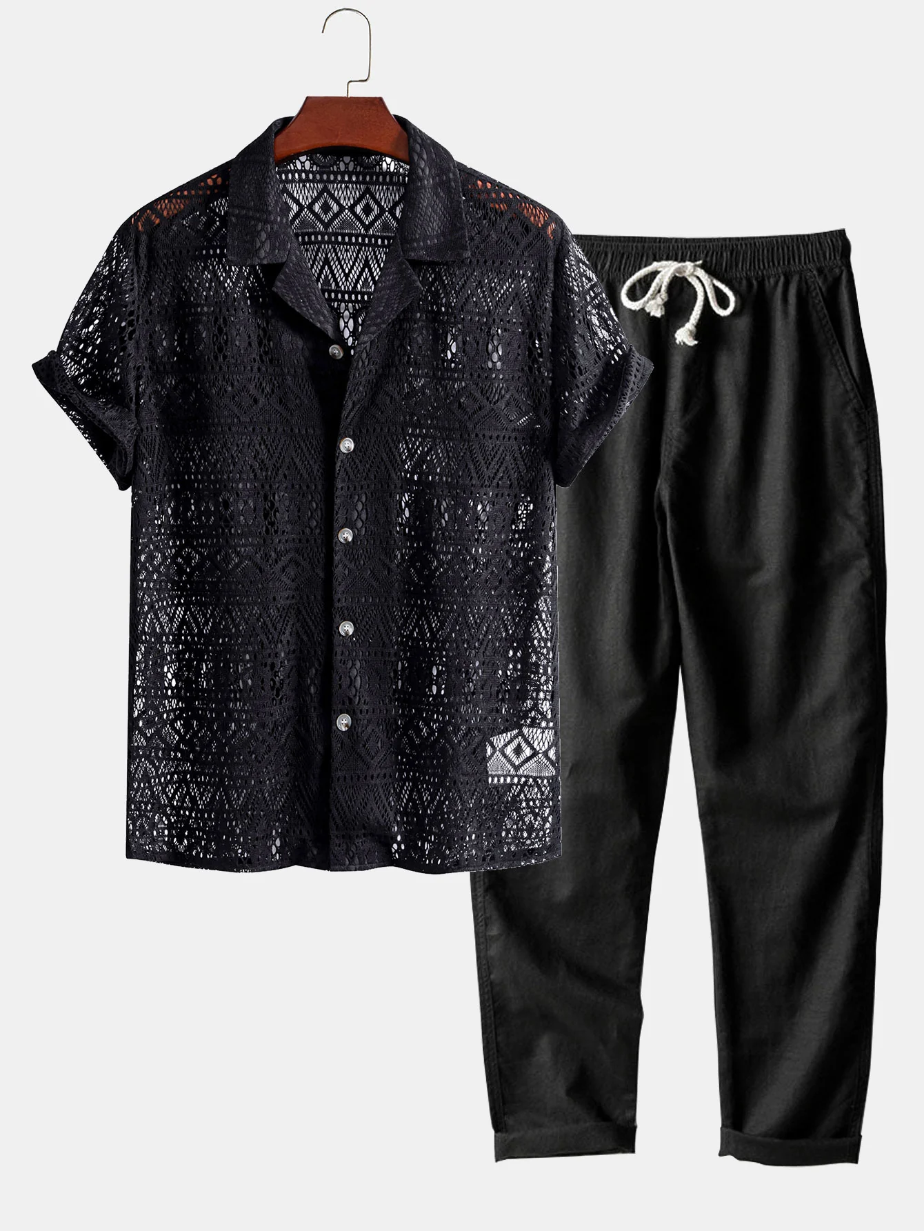 Kurzarm-Geometrie-Strukturierte Cuban-Shirt & Gerade Bein Leinenhose - Image 5