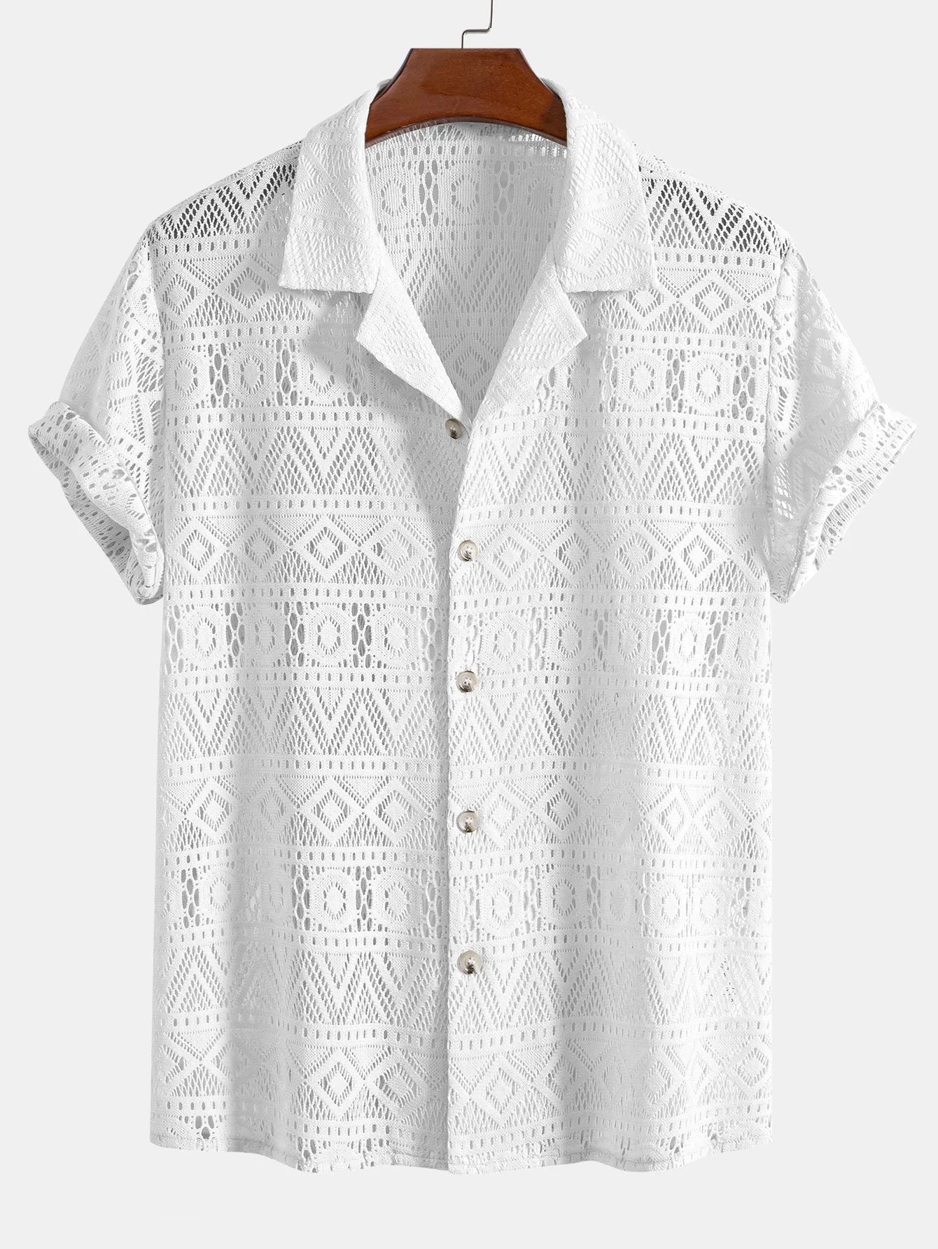 Kurzarm-Geometrie-Strukturierte Cuban-Shirt & Gerade Bein Leinenhose - Image 8