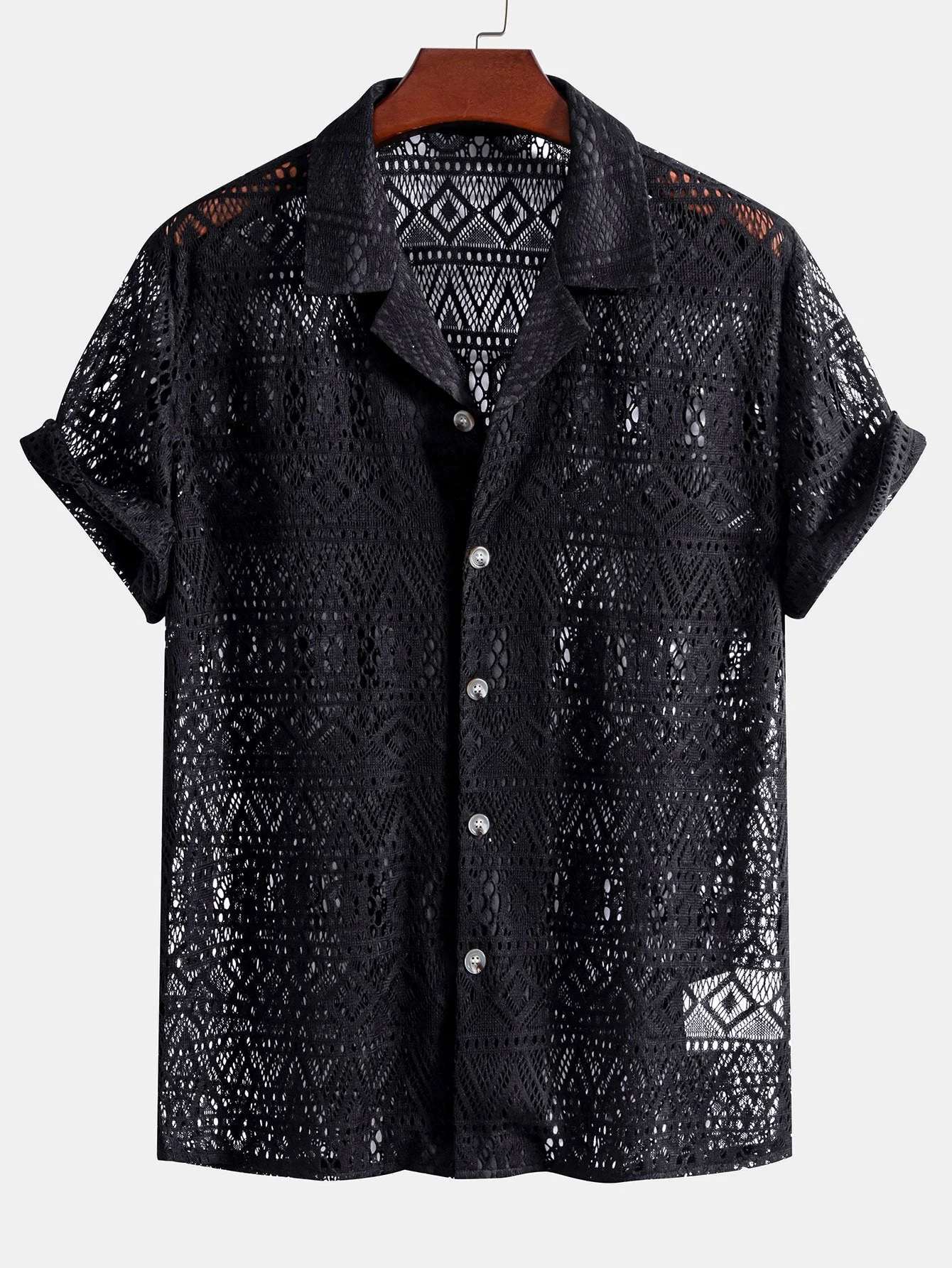 Kurzarm-Geometrie-Strukturierte Cuban-Shirt & Gerade Bein Leinenhose - Image 9