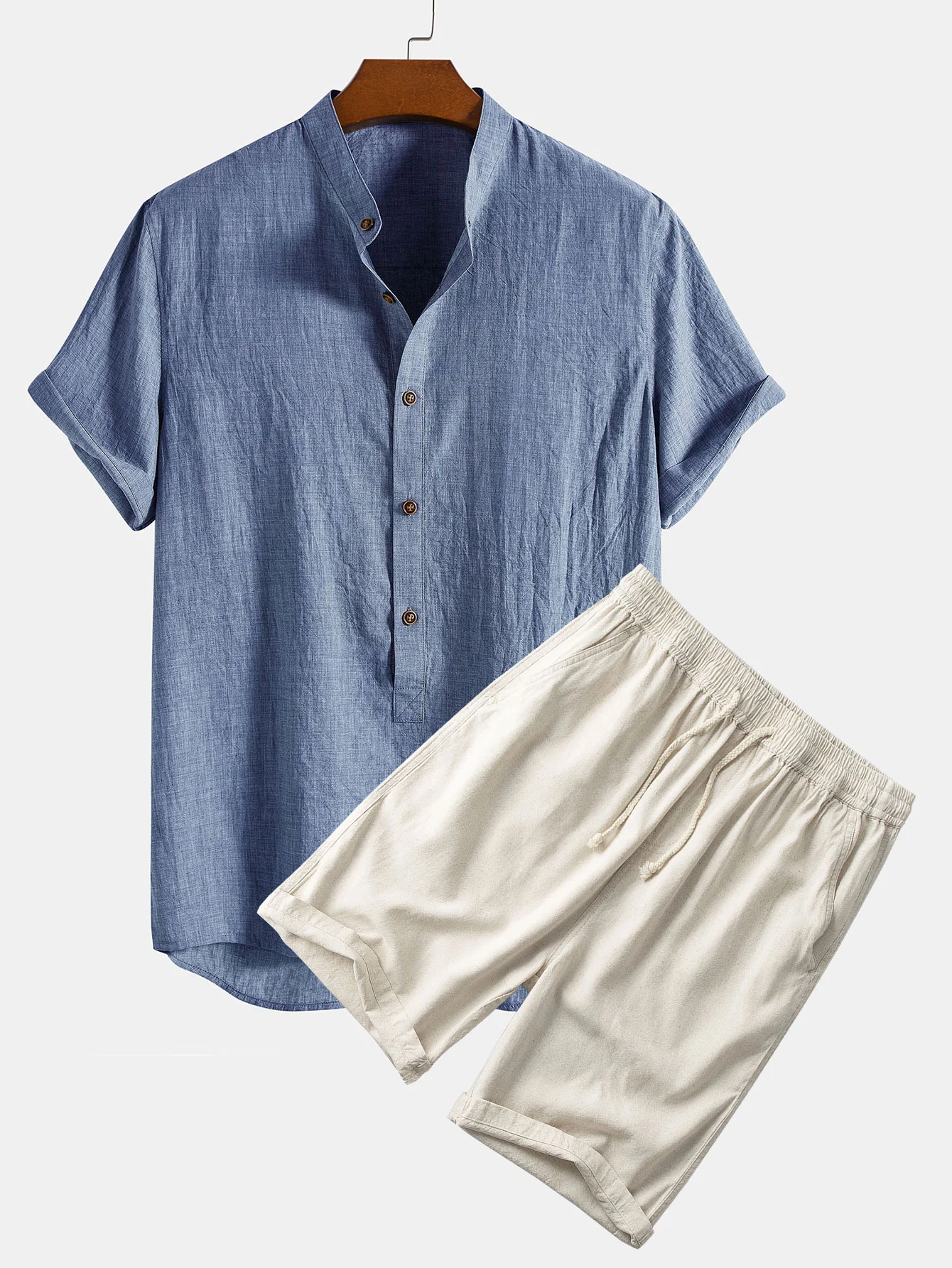 Kurzarm-Halbknopf-Henley-Kragenhemd & Leinen-Baumwoll-Mix 11" Shorts - Image 2