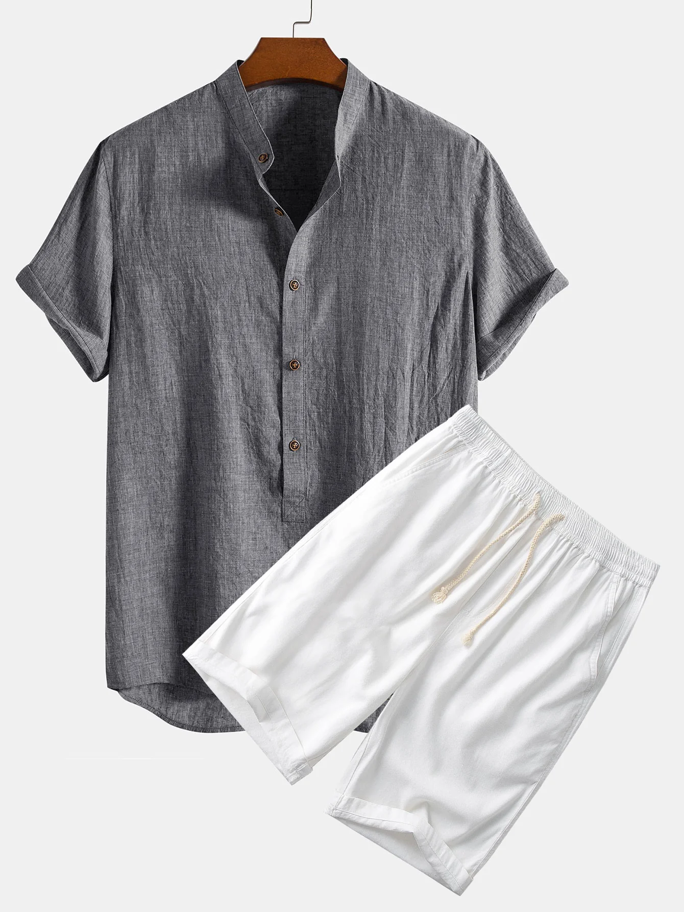 Kurzarm-Halbknopf-Henley-Kragenhemd & Leinen-Baumwoll-Mix 11" Shorts - Image 3
