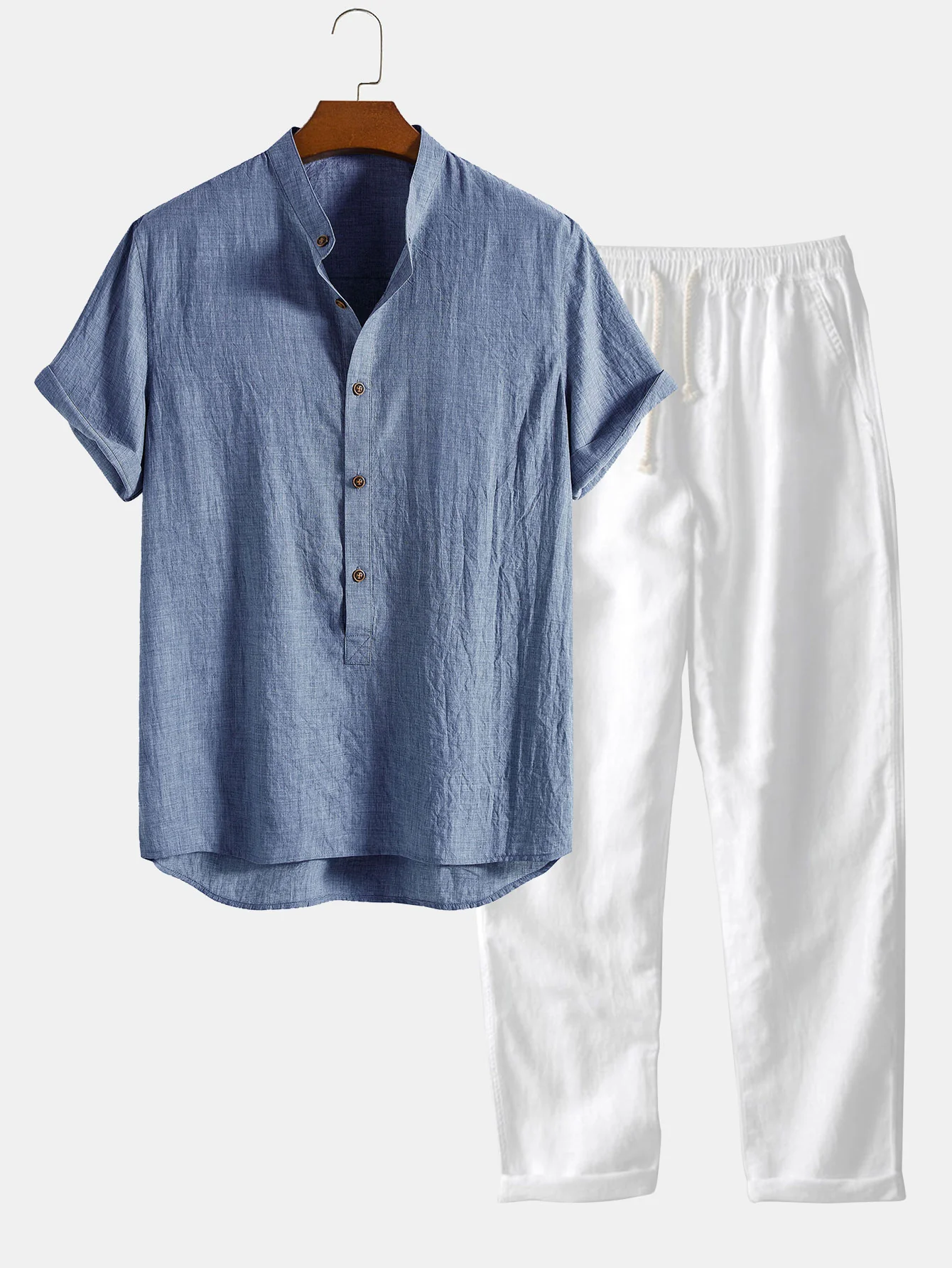 Kurzarm-Halbknopf-Henley-Kragen-Shirt & gerade Leinenhose - Image 2