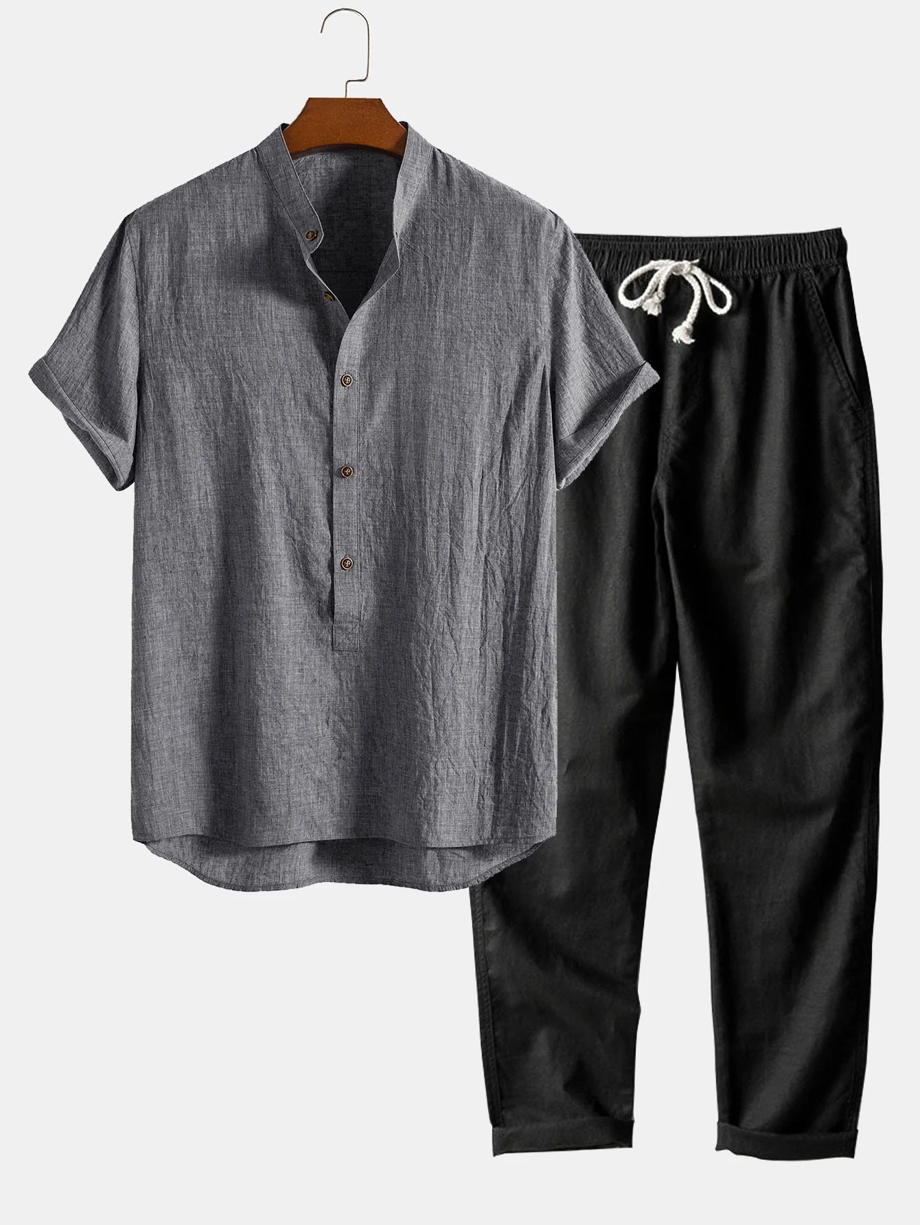 Kurzarm-Halbknopf-Henley-Kragen-Shirt & gerade Leinenhose - Image 3