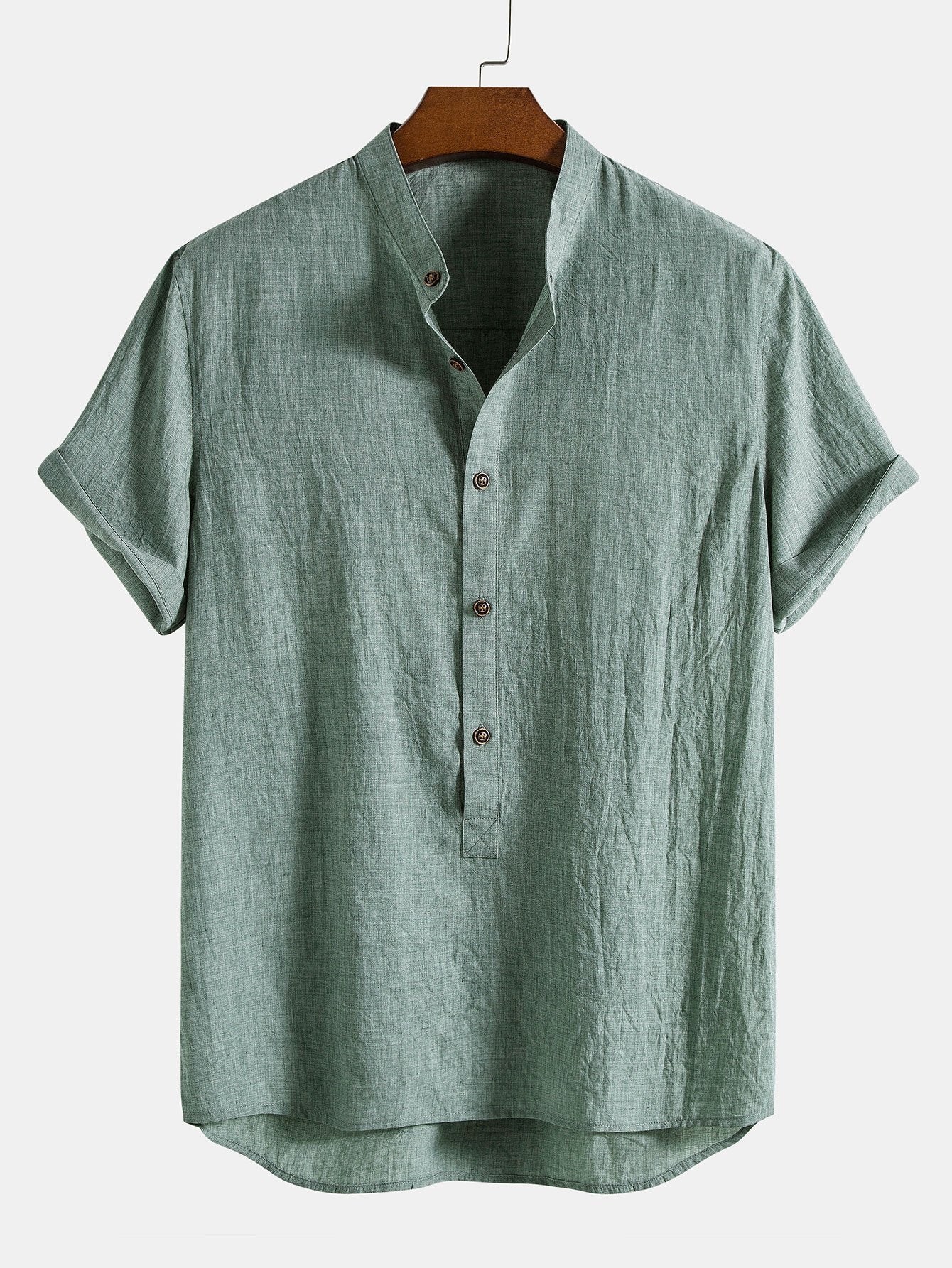 Kurzarm-Halbknopf-Henley-Kragen-Shirt & gerade Leinenhose - Image 4