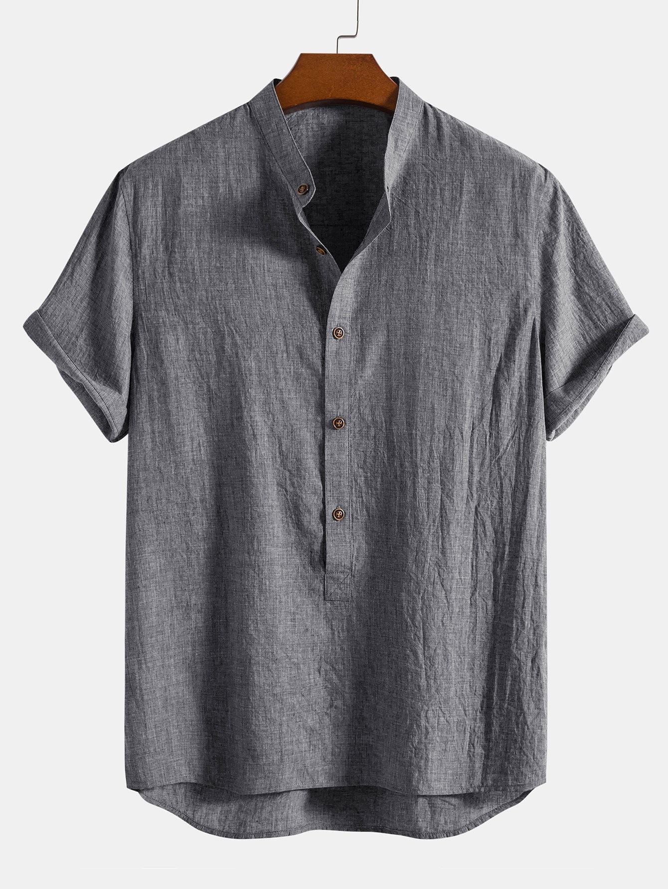 Kurzarm-Halbknopf-Henley-Kragen-Shirt & gerade Leinenhose - Image 6