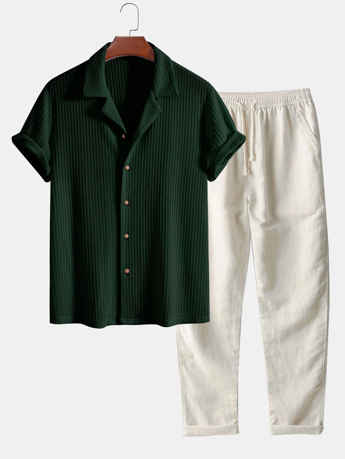 Kurzarm Strick Waffel Cuban Shirt & Gerade Bein Leinenhose