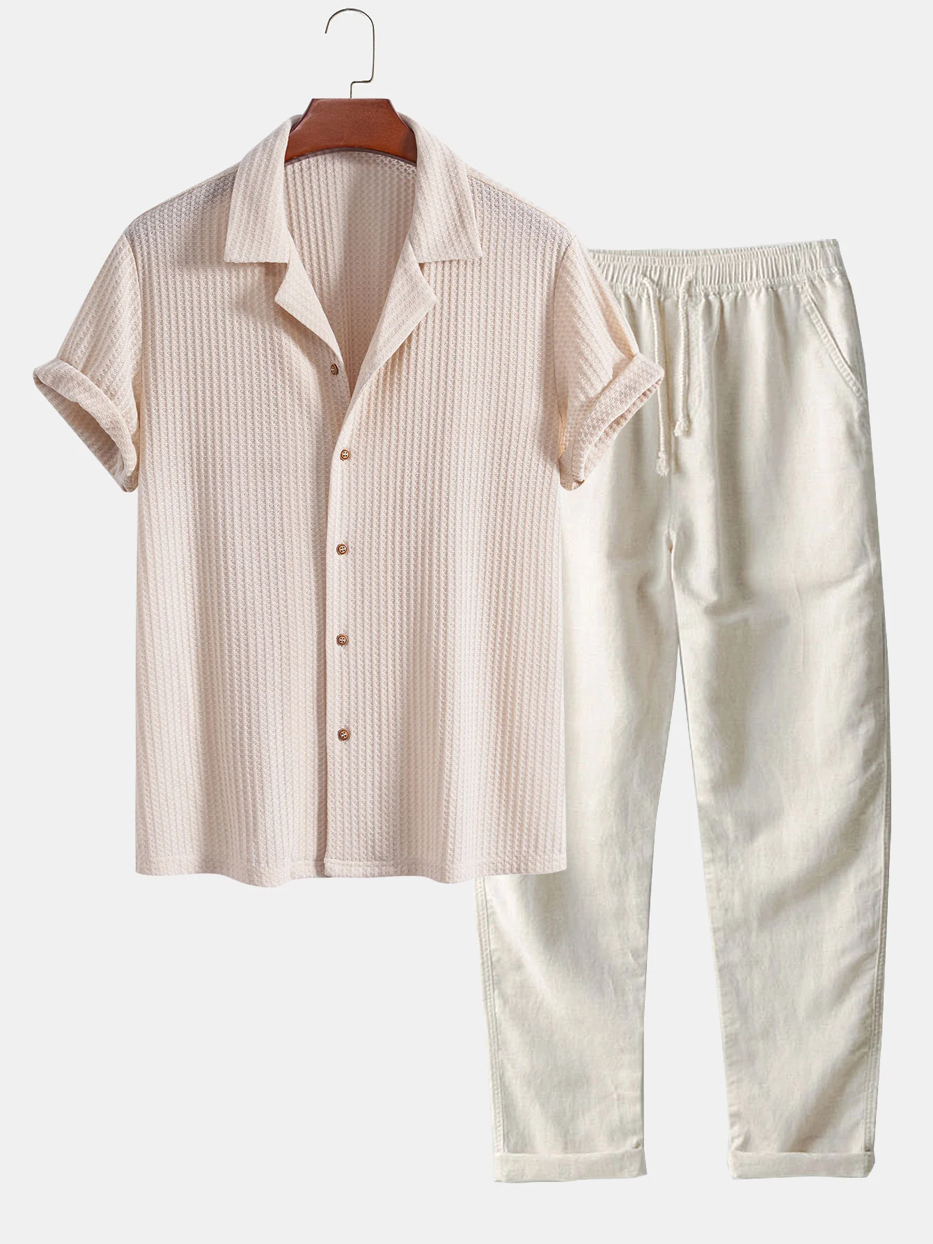 Kurzarm Strick Waffel Cuban Shirt & Gerade Bein Leinenhose - Image 2