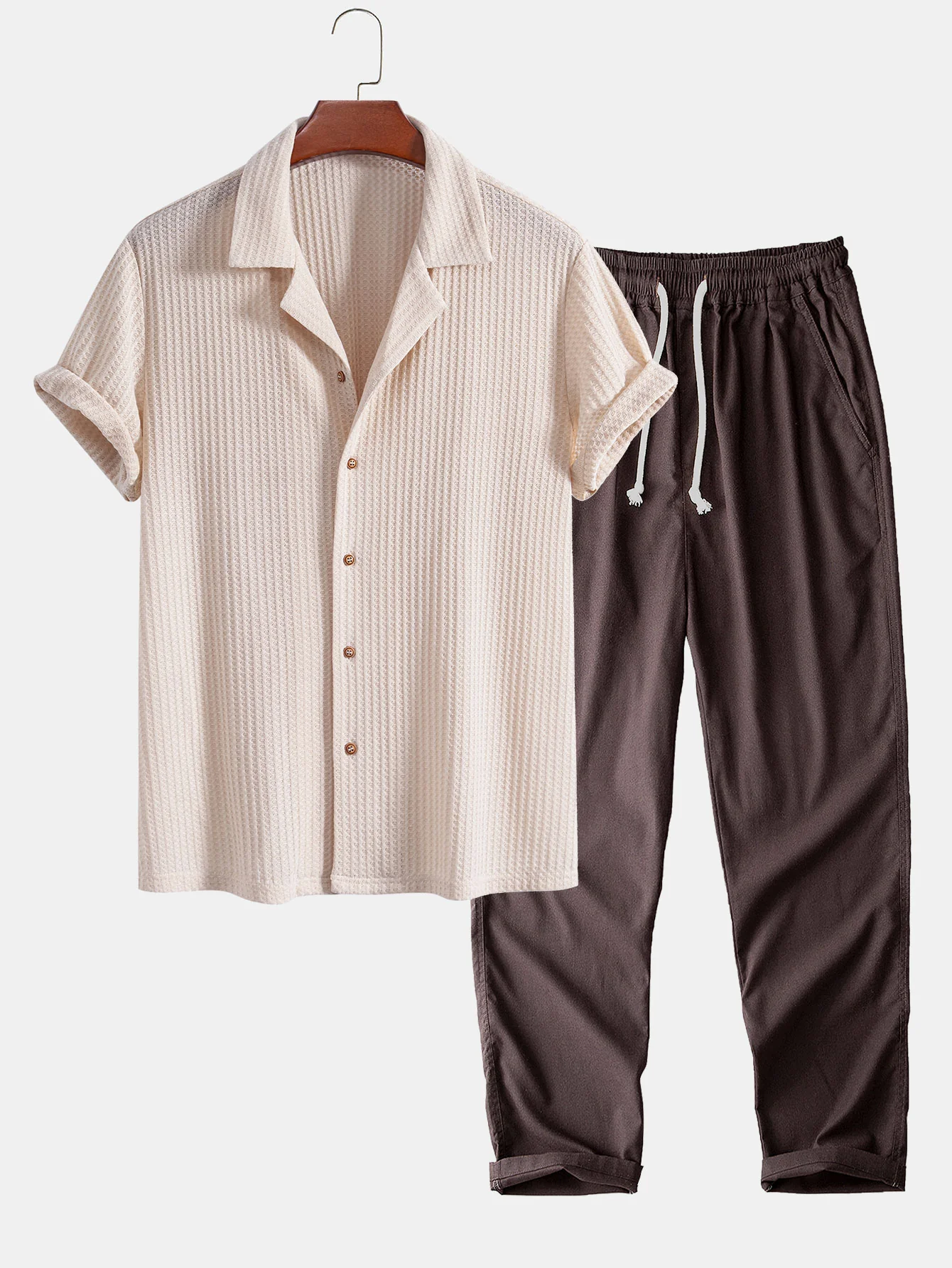 Kurzarm Strick Waffel Cuban Shirt & Gerade Bein Leinenhose - Image 3