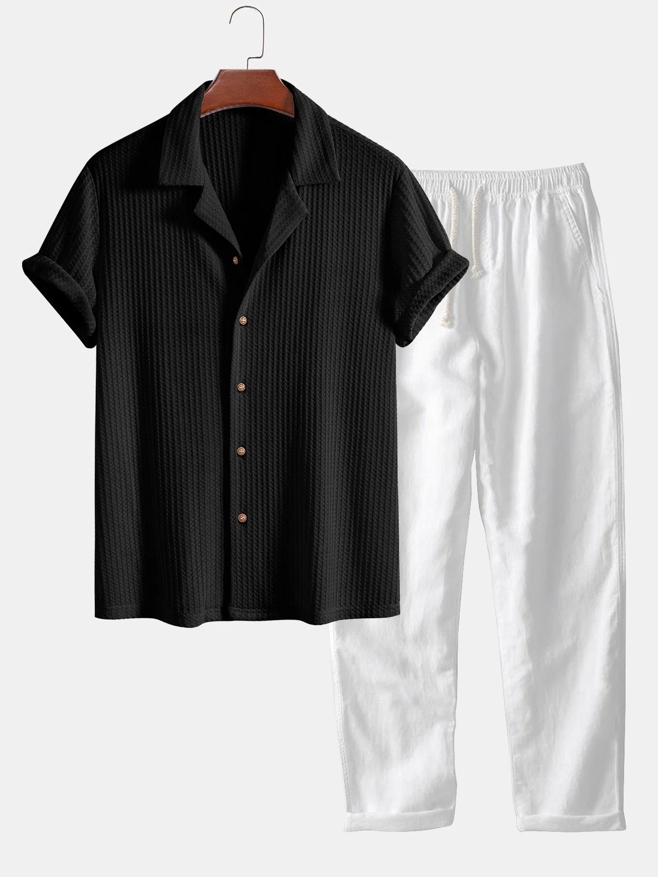 Kurzarm Strick Waffel Cuban Shirt & Gerade Bein Leinenhose - Image 4