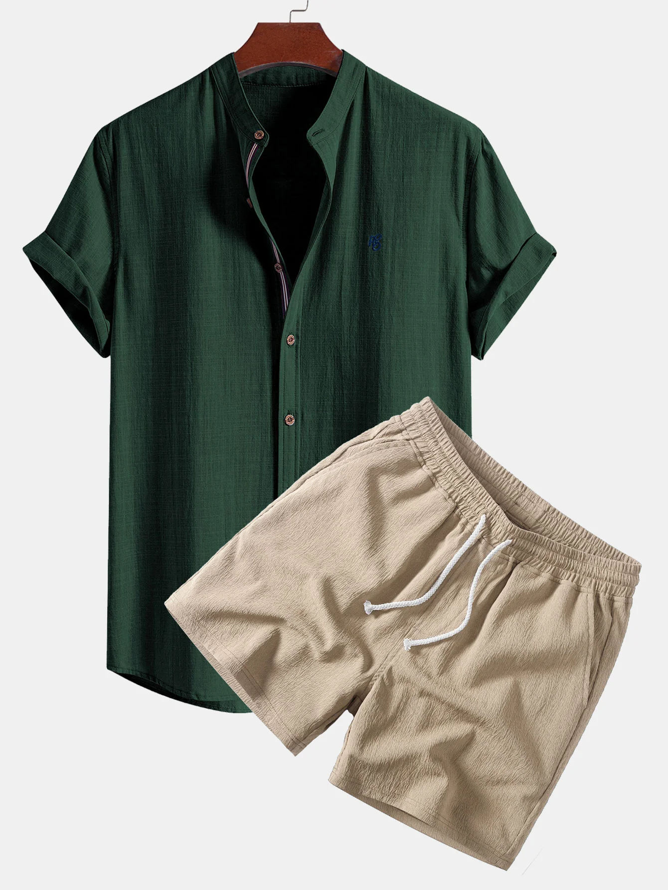 Short Sleeve Linen Look Stand Collar Shirt & Crinkle Textured Drawstring 5" Shorts