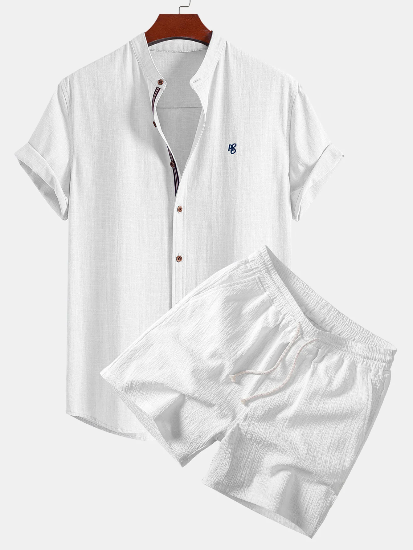 Short Sleeve Linen Look Stand Collar Shirt & Crinkle Textured Drawstring 5" Shorts - Image 2