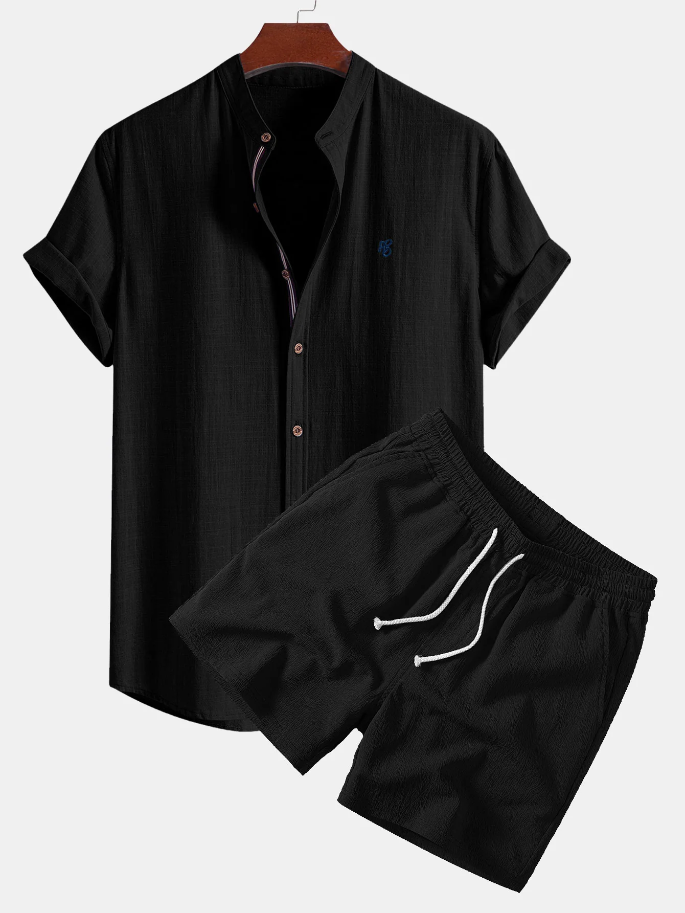 Short Sleeve Linen Look Stand Collar Shirt & Crinkle Textured Drawstring 5" Shorts - Image 3