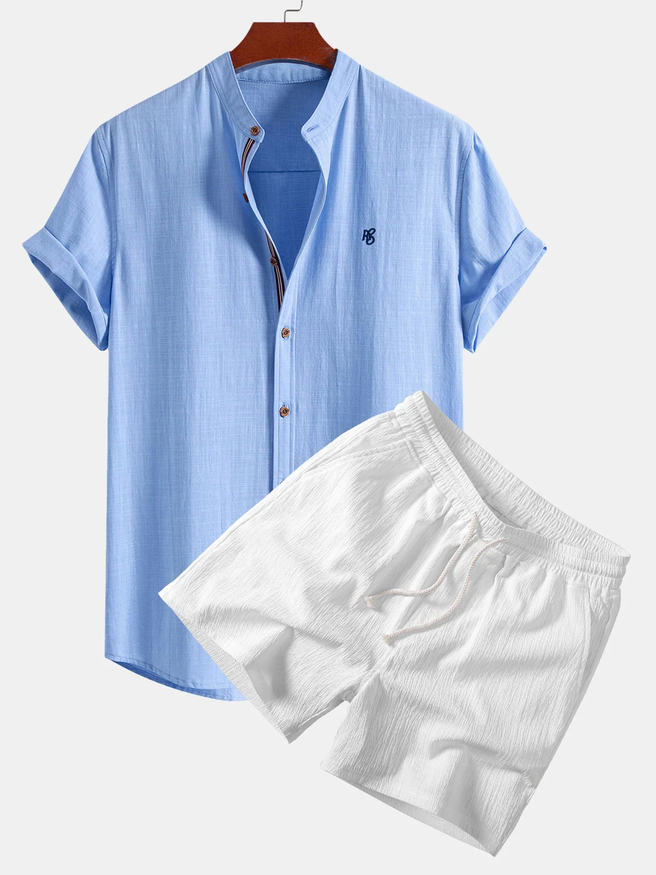Short Sleeve Linen Look Stand Collar Shirt & Crinkle Textured Drawstring 5" Shorts - Image 4