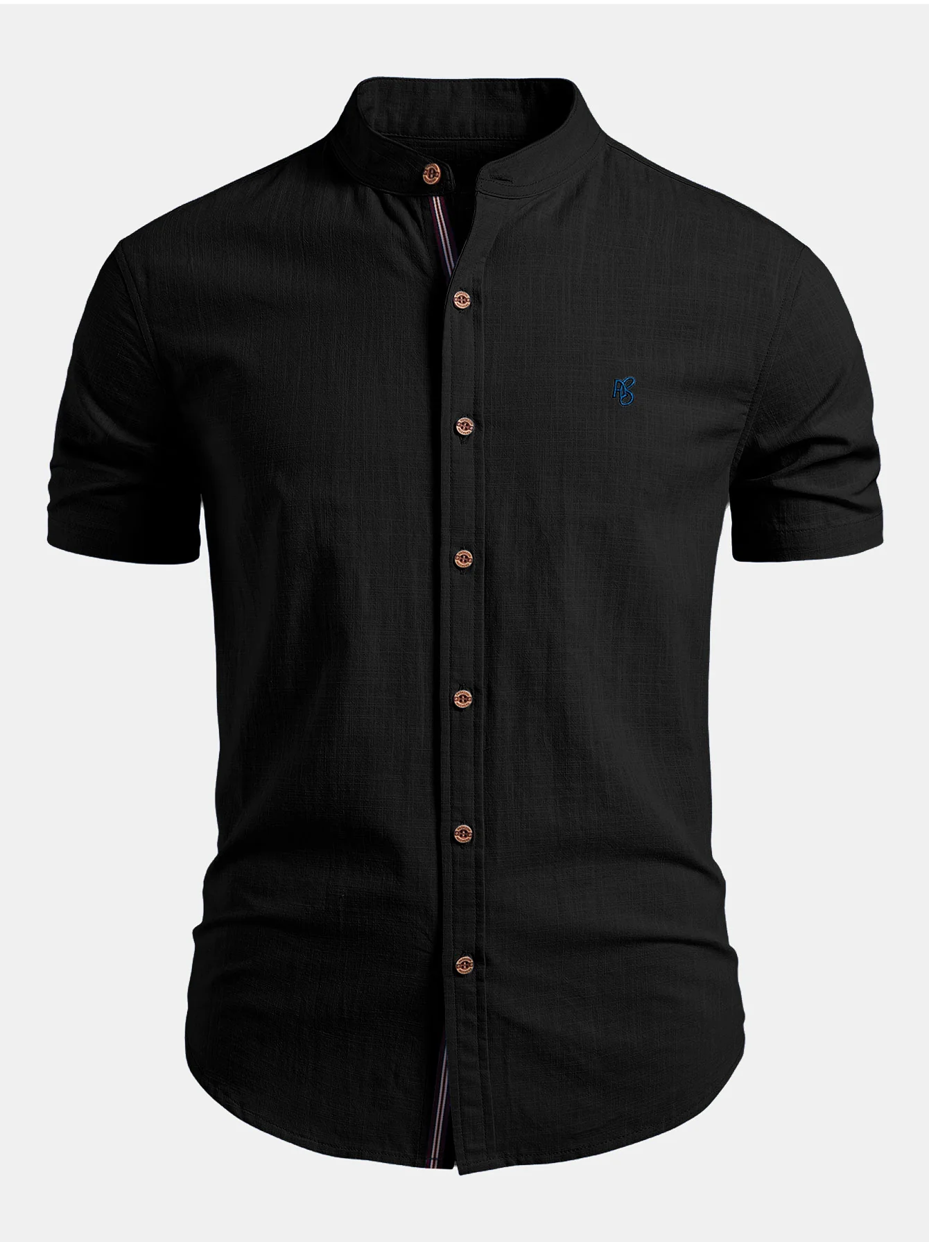 Short Sleeve Linen Look Stand Collar Shirt & Crinkle Textured Straight Leg Pants - Image 12