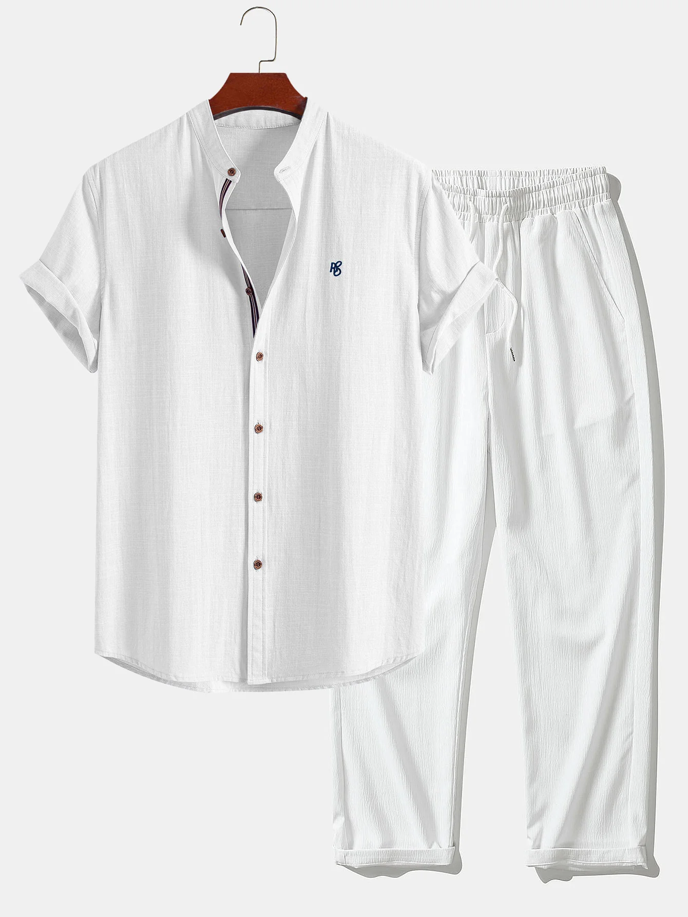 Short Sleeve Linen Look Stand Collar Shirt & Crinkle Textured Straight Leg Pants - Image 2