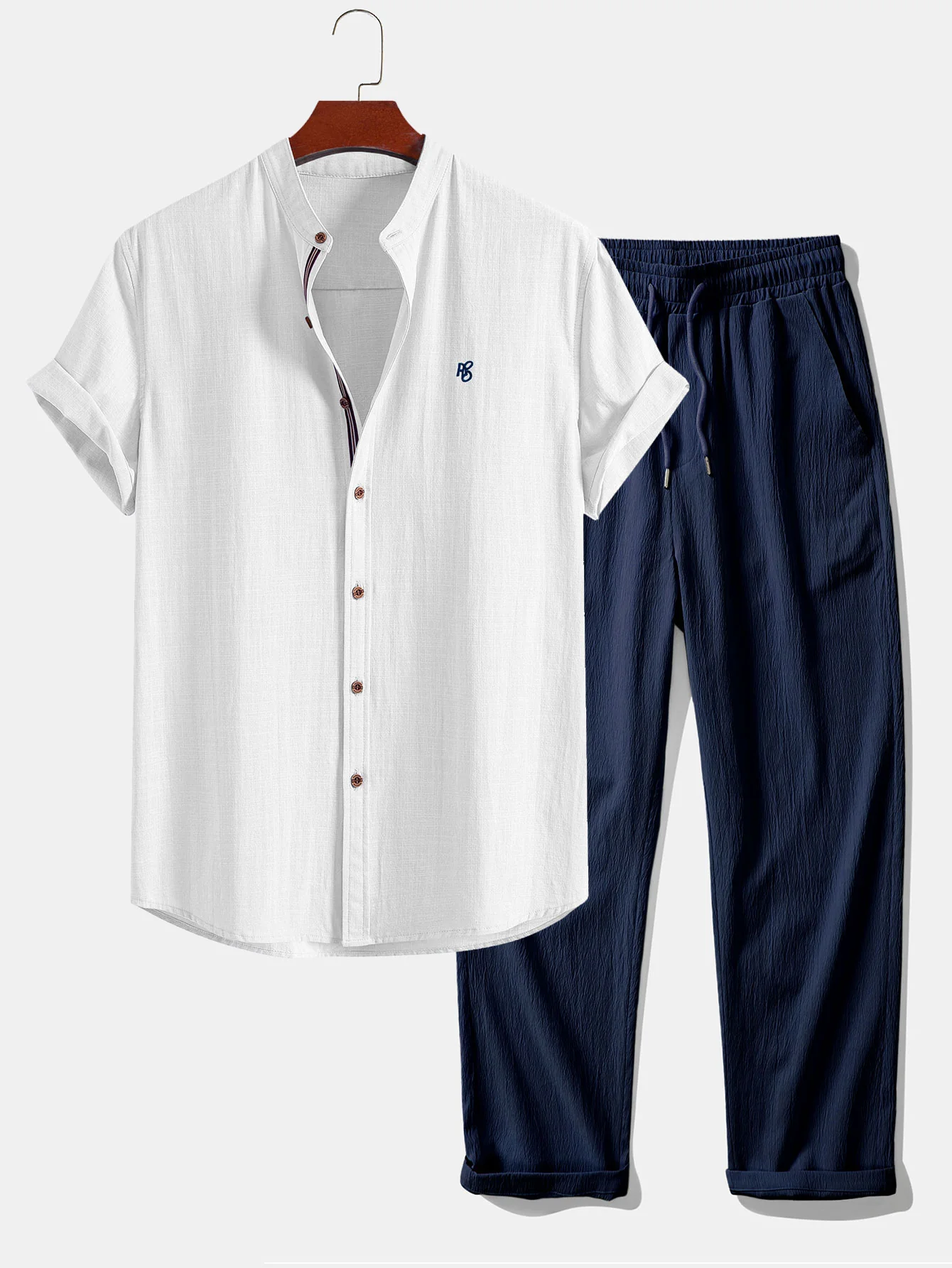 Short Sleeve Linen Look Stand Collar Shirt & Crinkle Textured Straight Leg Pants - Image 3