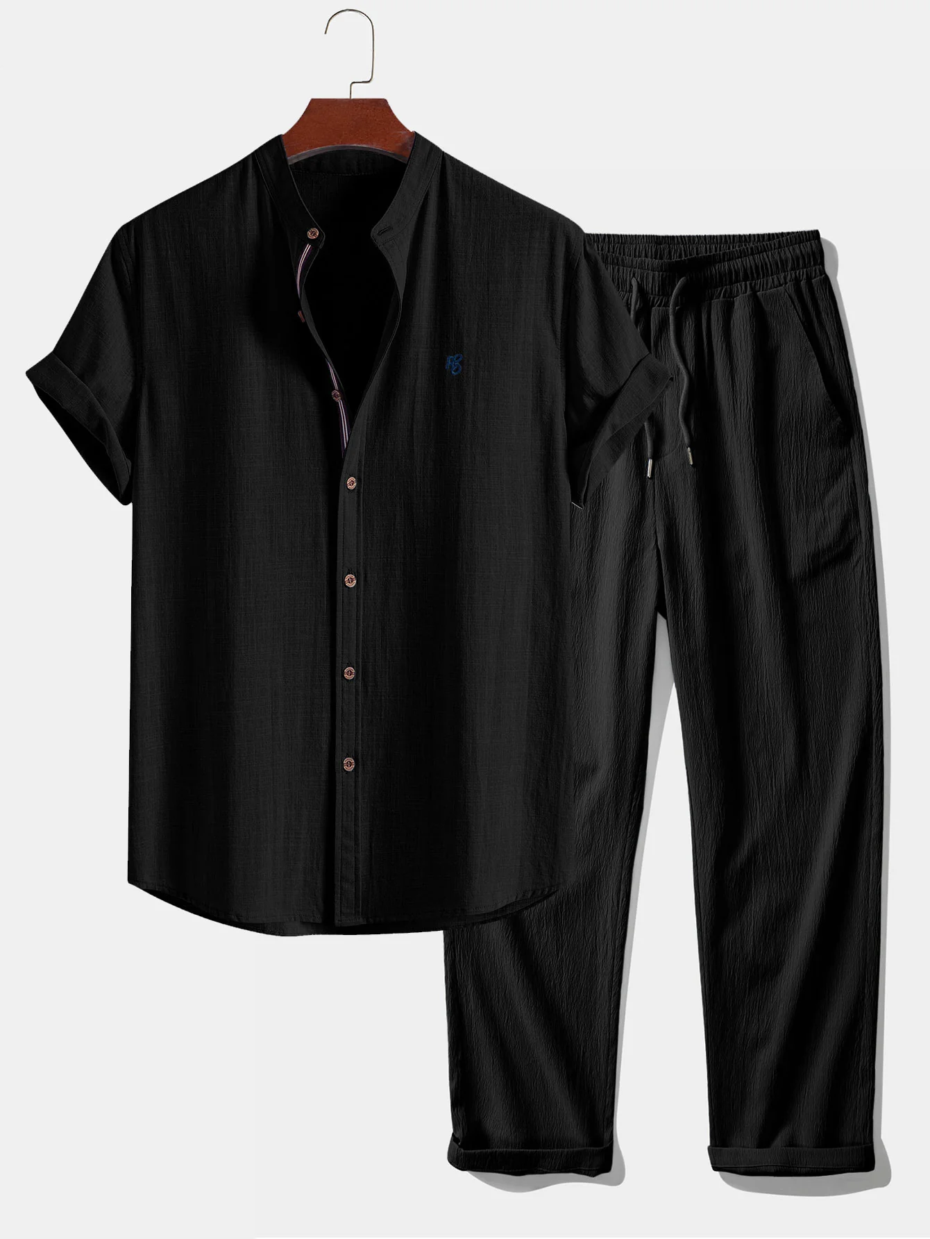 Short Sleeve Linen Look Stand Collar Shirt & Crinkle Textured Straight Leg Pants - Image 4