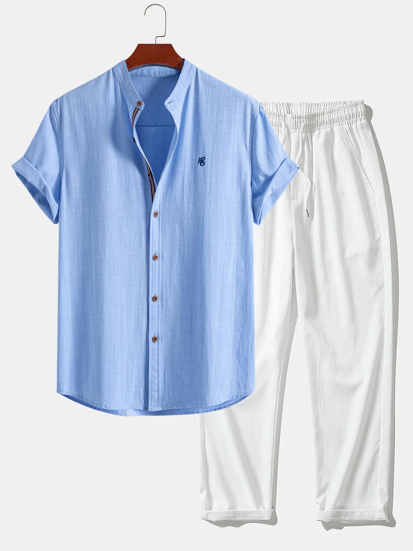 Short Sleeve Linen Look Stand Collar Shirt & Crinkle Textured Straight Leg Pants - Image 5