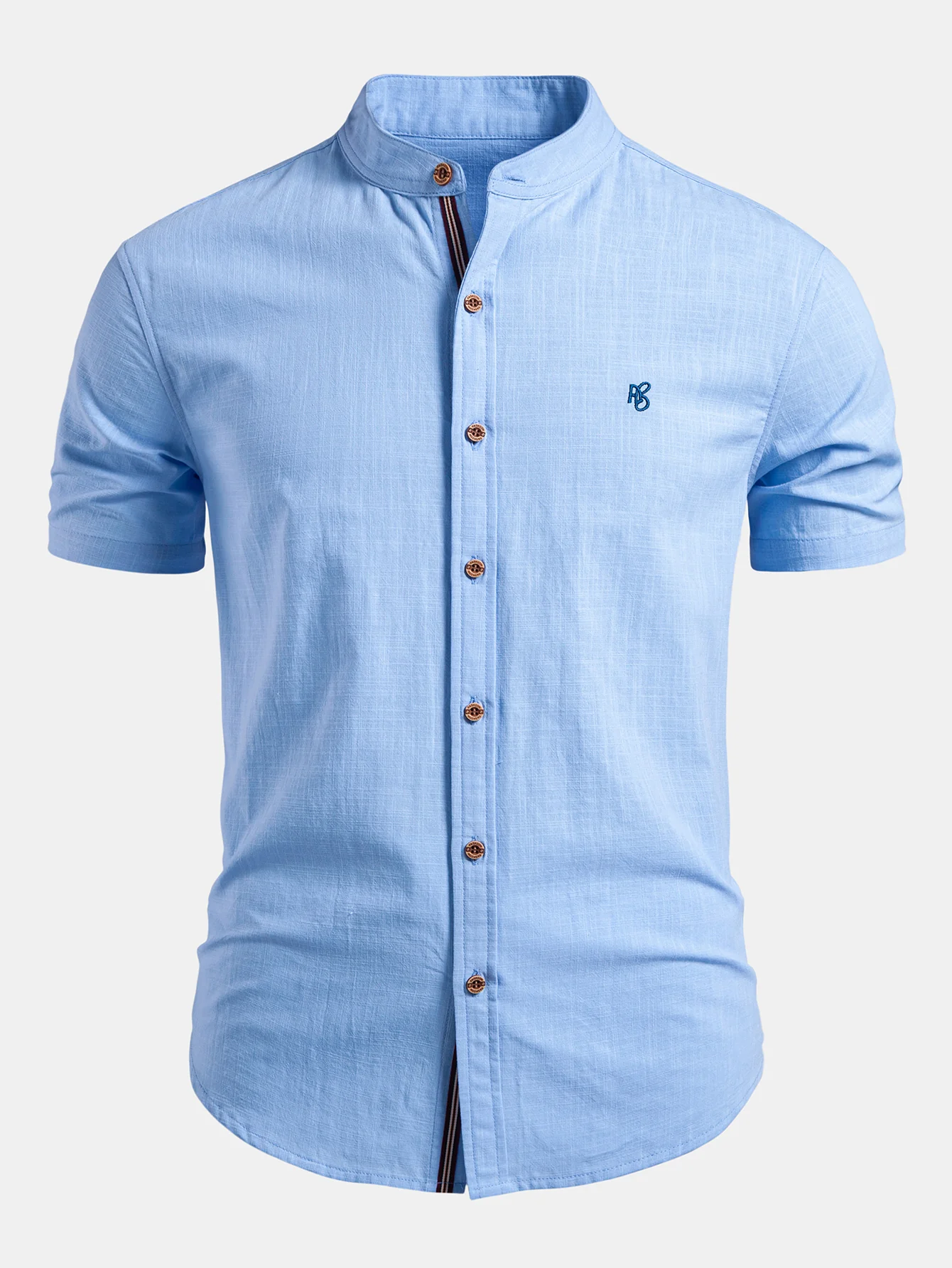 Short Sleeve Linen Look Stand Collar Shirt & Crinkle Textured Straight Leg Pants - Image 6