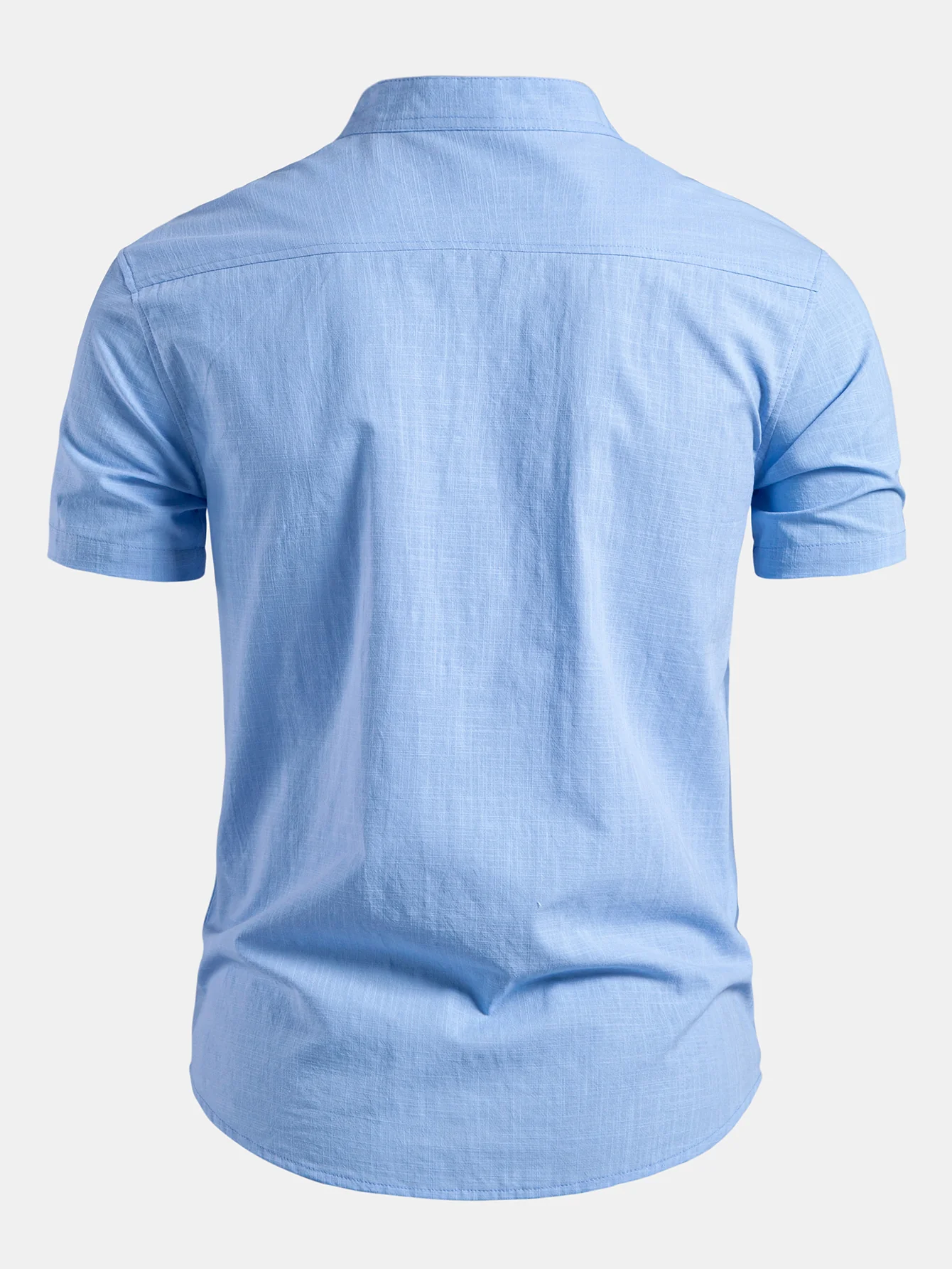 Short Sleeve Linen Look Stand Collar Shirt & Crinkle Textured Straight Leg Pants - Image 7