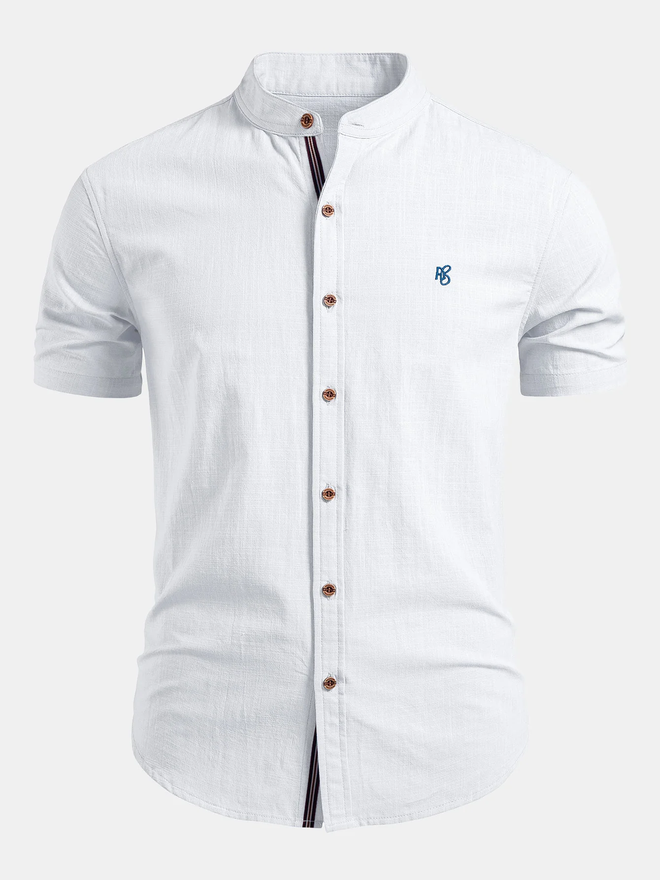 Short Sleeve Linen Look Stand Collar Shirt & Crinkle Textured Straight Leg Pants - Image 8