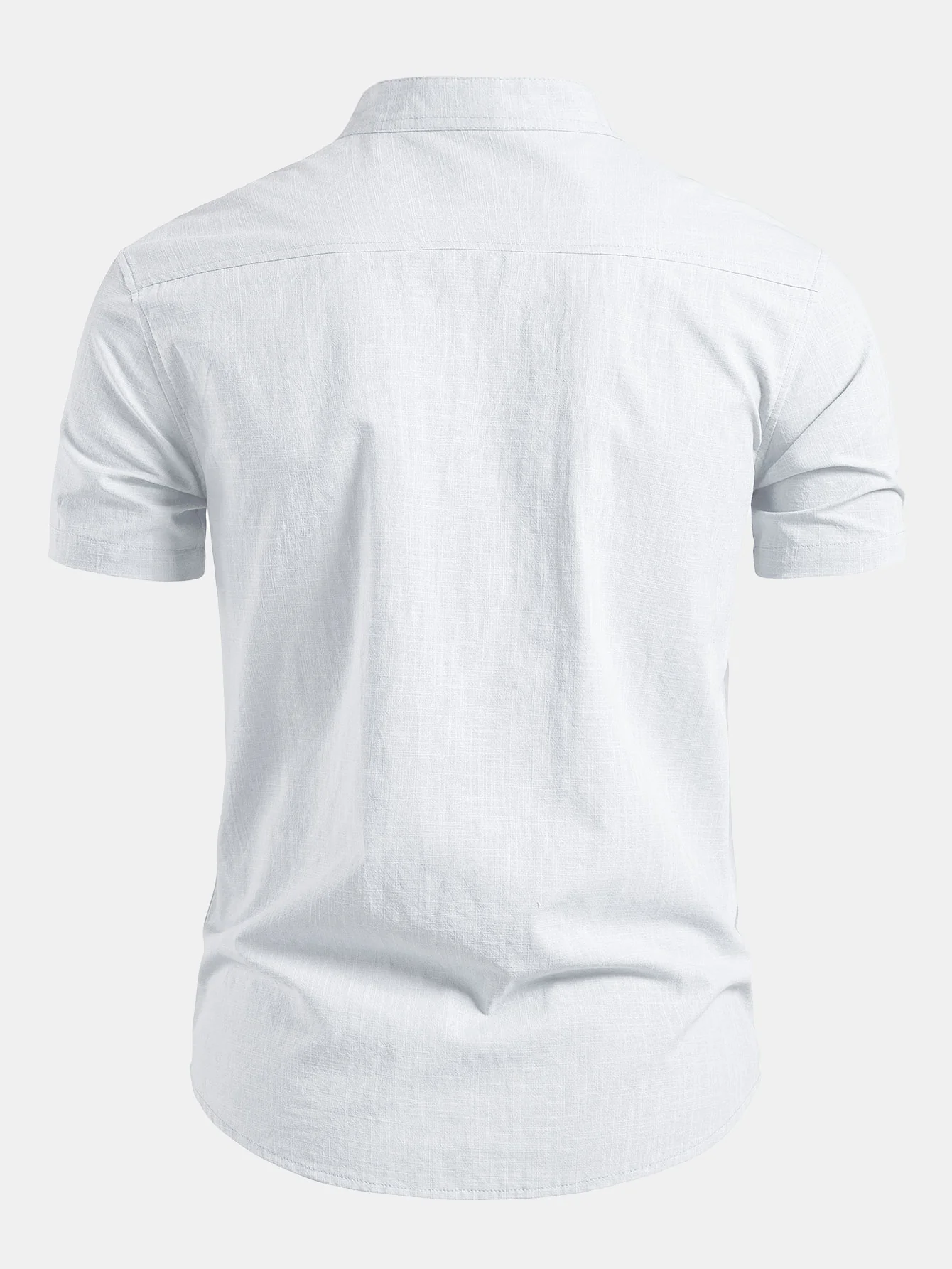 Short Sleeve Linen Look Stand Collar Shirt & Crinkle Textured Straight Leg Pants - Image 9