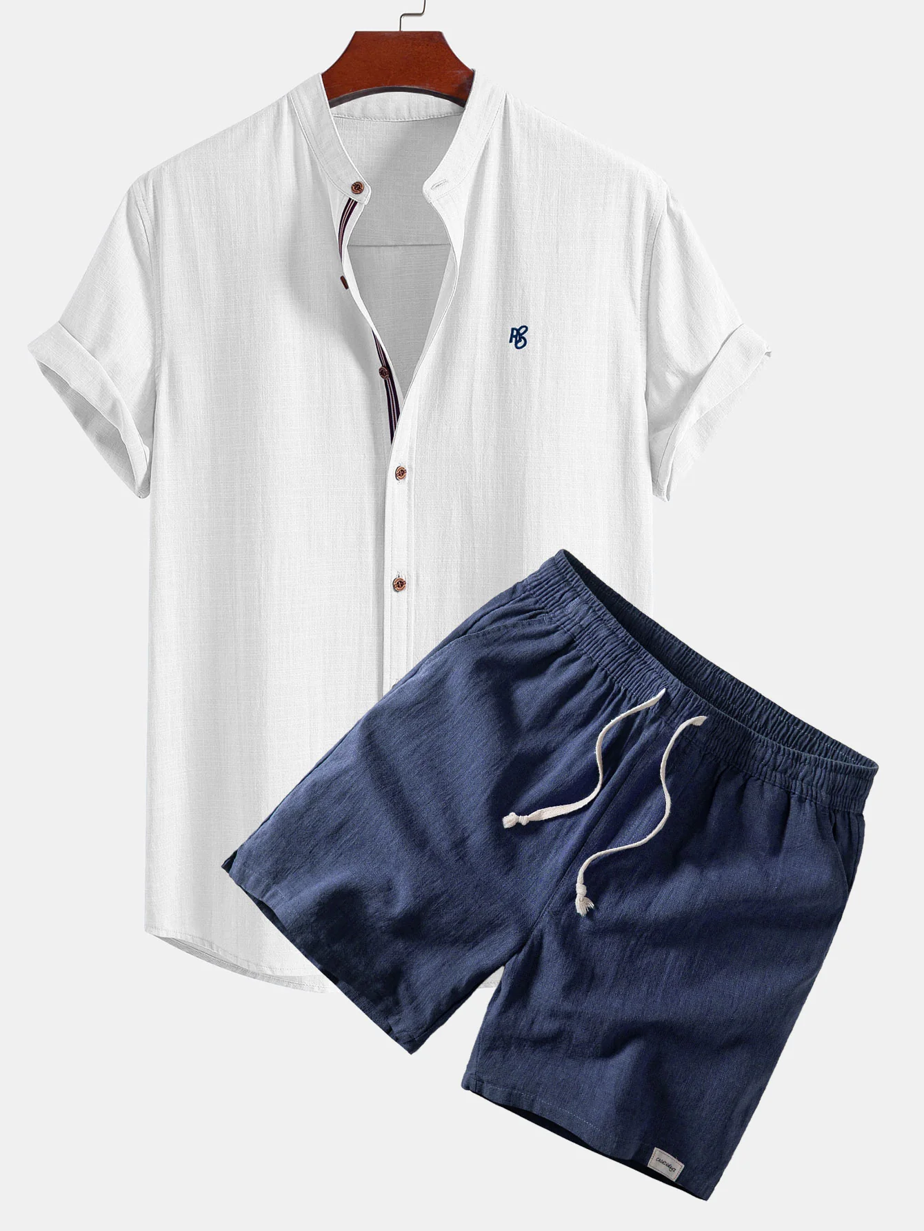 Short Sleeve Linen Look Stand Collar Shirt & Linen Blend Drawstring 7" Shorts