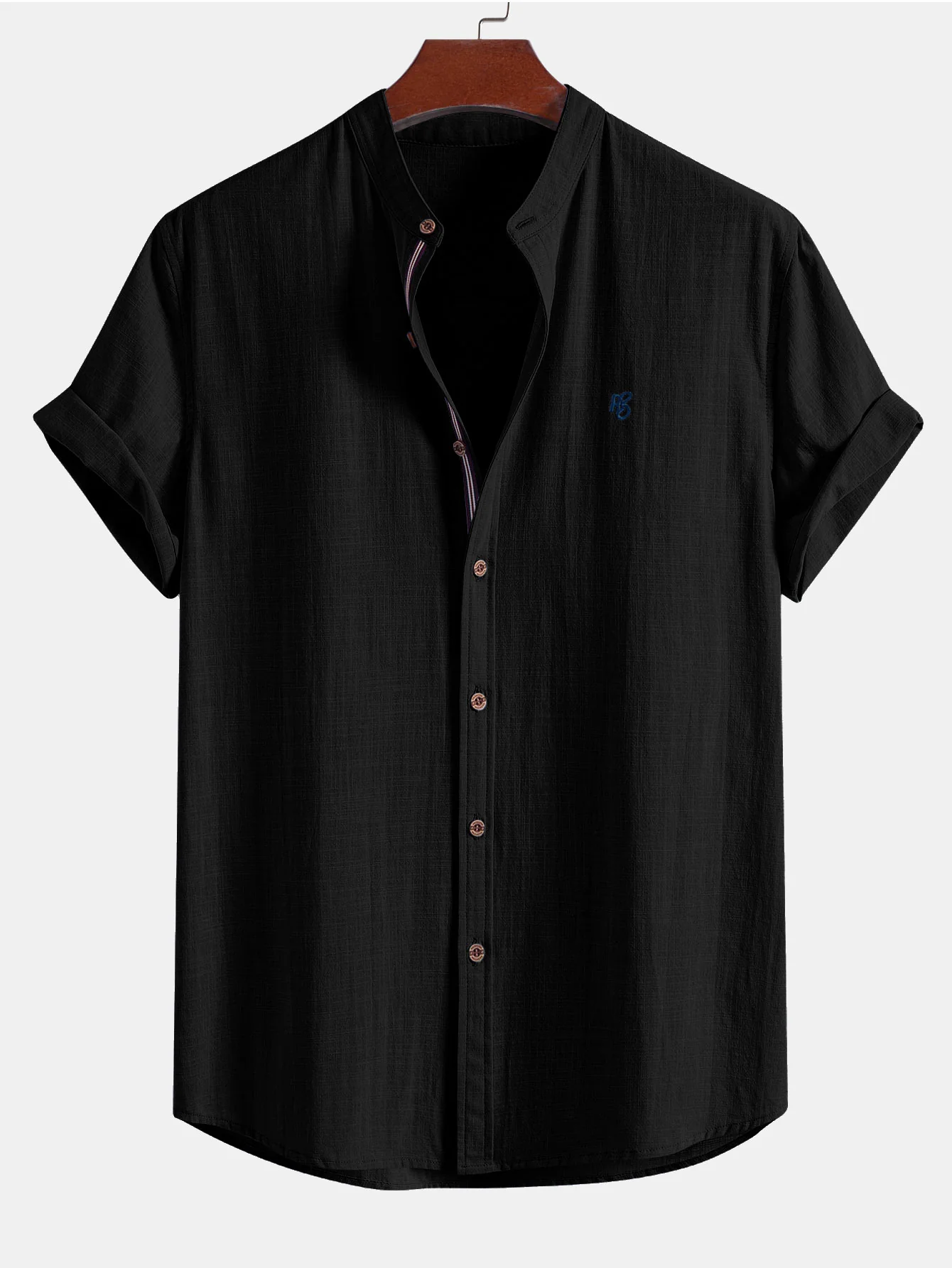 Short Sleeve Linen Look Stand Collar Shirt & Crinkle Textured Drawstring 5" Shorts - Image 12