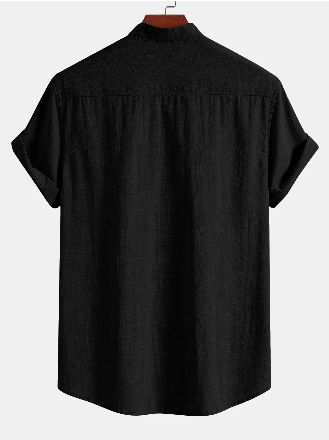 Short Sleeve Linen Look Stand Collar Shirt & Crinkle Textured Drawstring 5" Shorts - Image 13