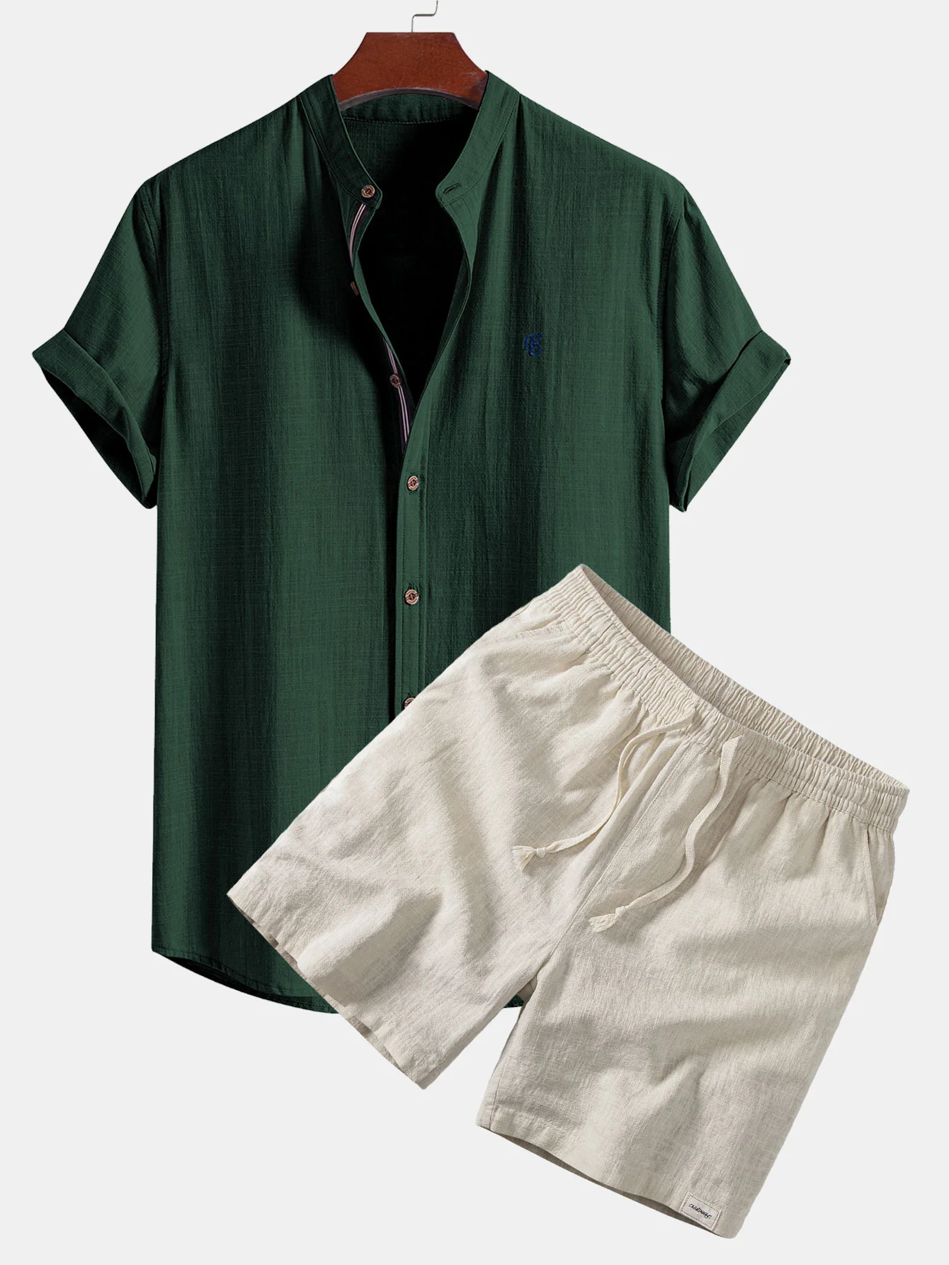 Short Sleeve Linen Look Stand Collar Shirt & Linen Blend Drawstring 7" Shorts - Image 2