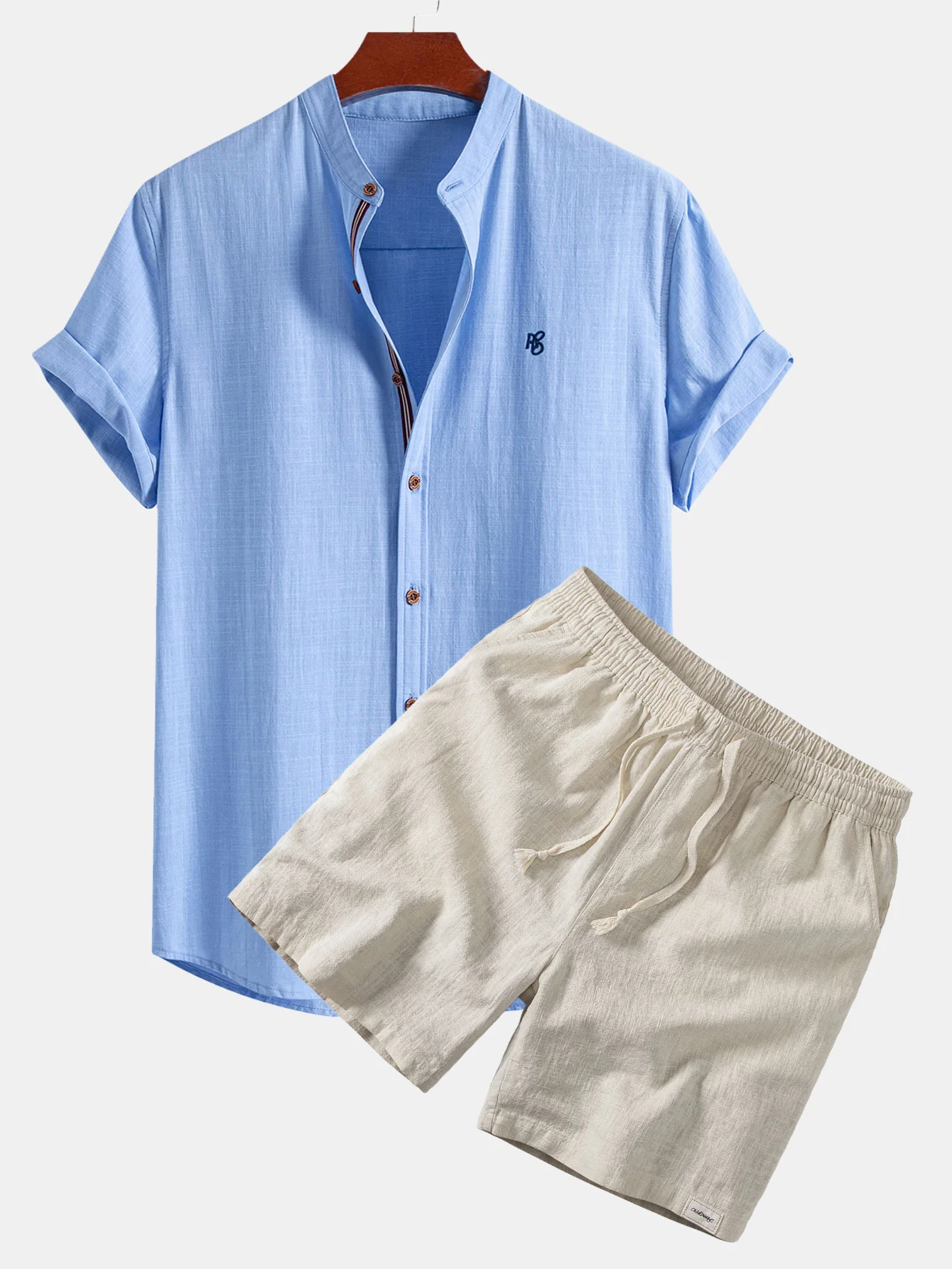 Short Sleeve Linen Look Stand Collar Shirt & Linen Blend Drawstring 7" Shorts - Image 3