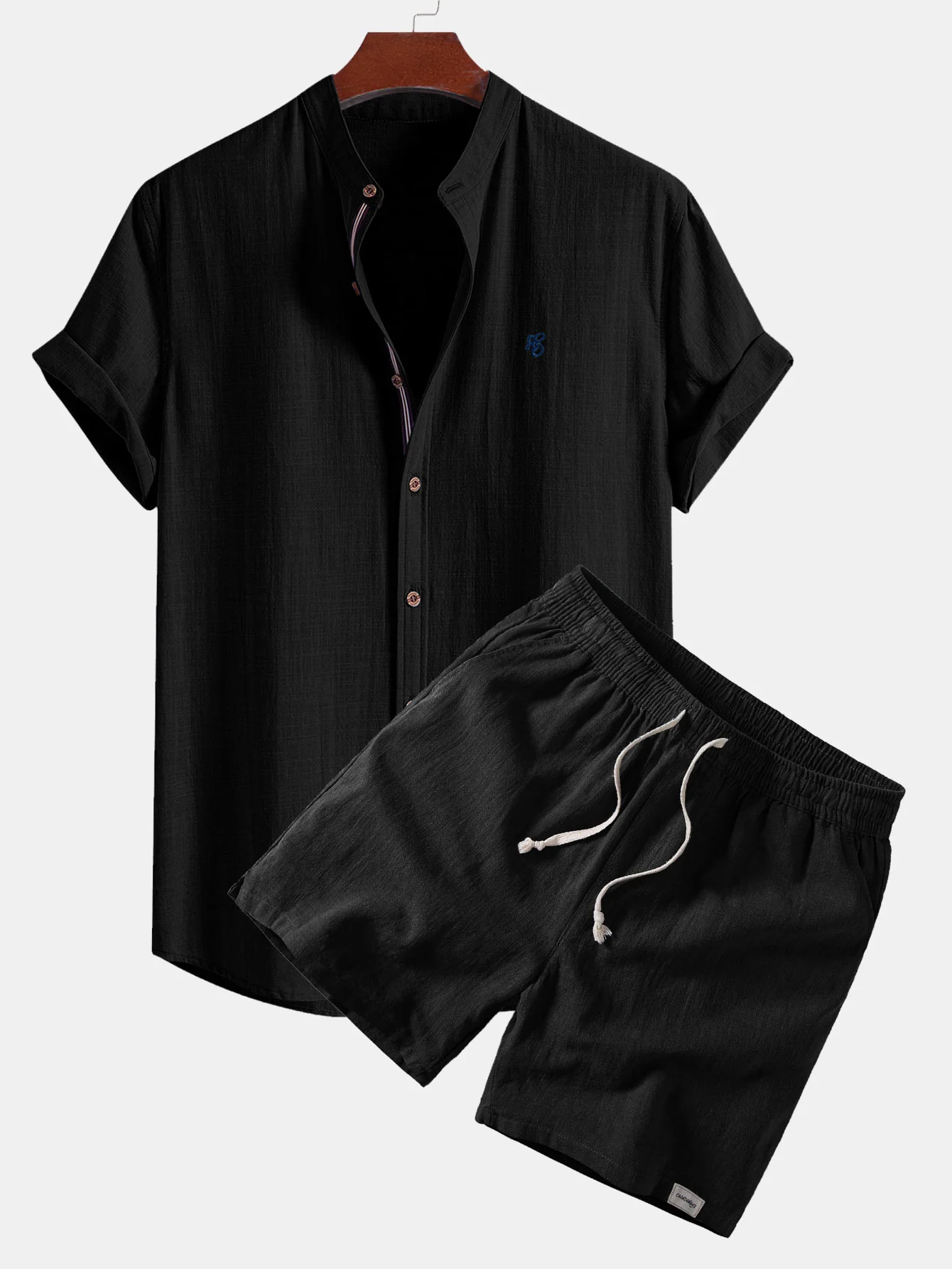 Short Sleeve Linen Look Stand Collar Shirt & Linen Blend Drawstring 7" Shorts - Image 4