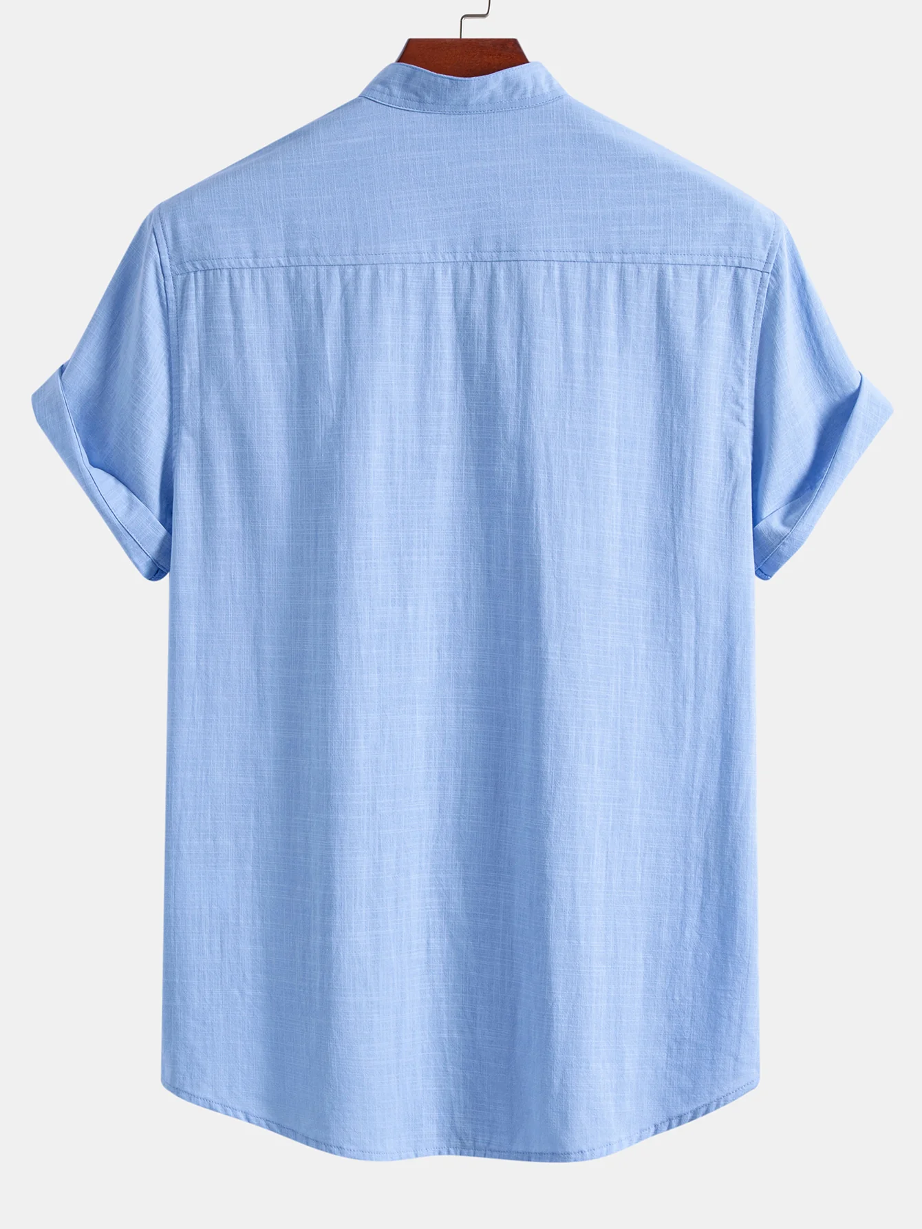 Short Sleeve Linen Look Stand Collar Shirt & Crinkle Textured Drawstring 5" Shorts - Image 7