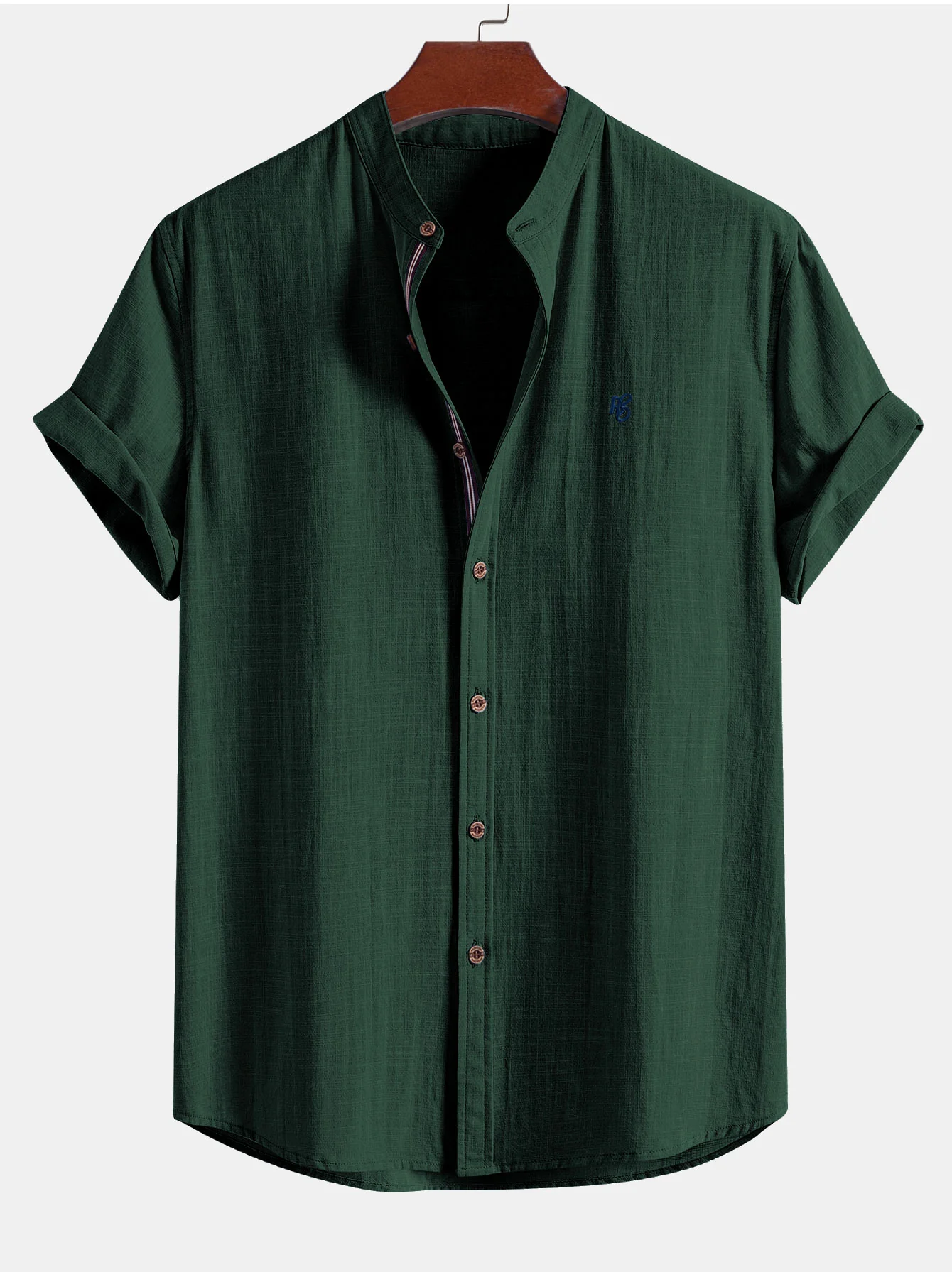 Short Sleeve Linen Look Stand Collar Shirt & Crinkle Textured Drawstring 5" Shorts - Image 8