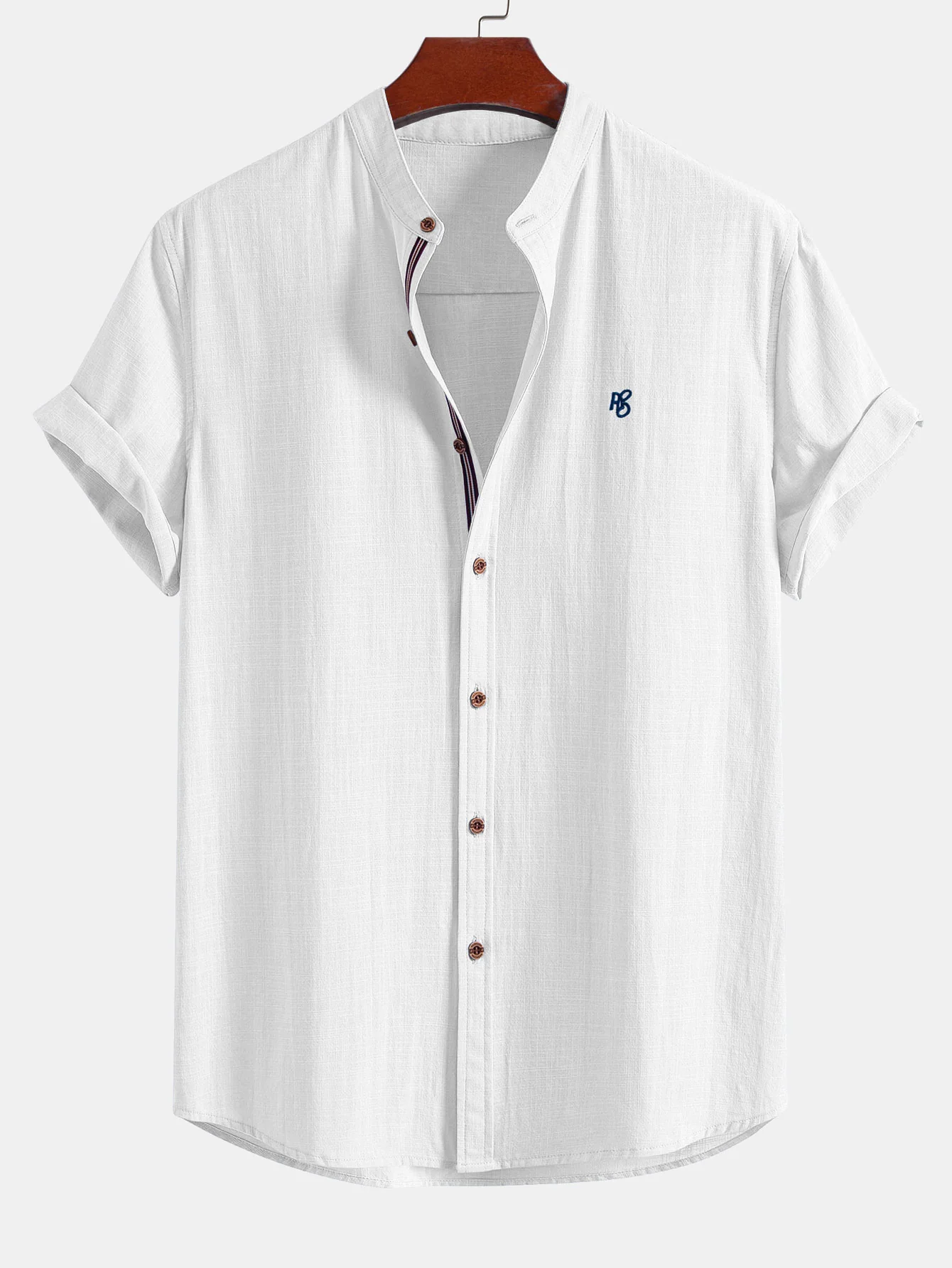 Short Sleeve Linen Look Stand Collar Shirt & Linen Look Stripe Straight Leg Pants - Image 2