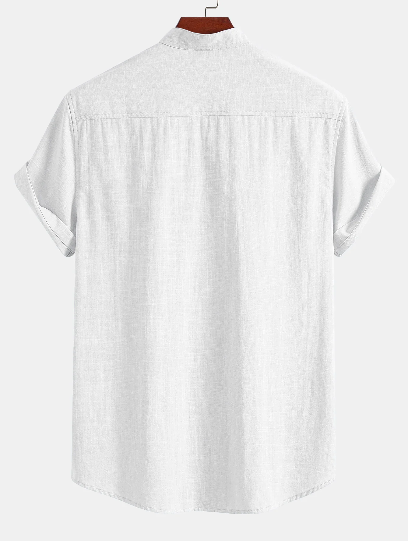Short Sleeve Linen Look Stand Collar Shirt & Linen Look Stripe Straight Leg Pants - Image 3