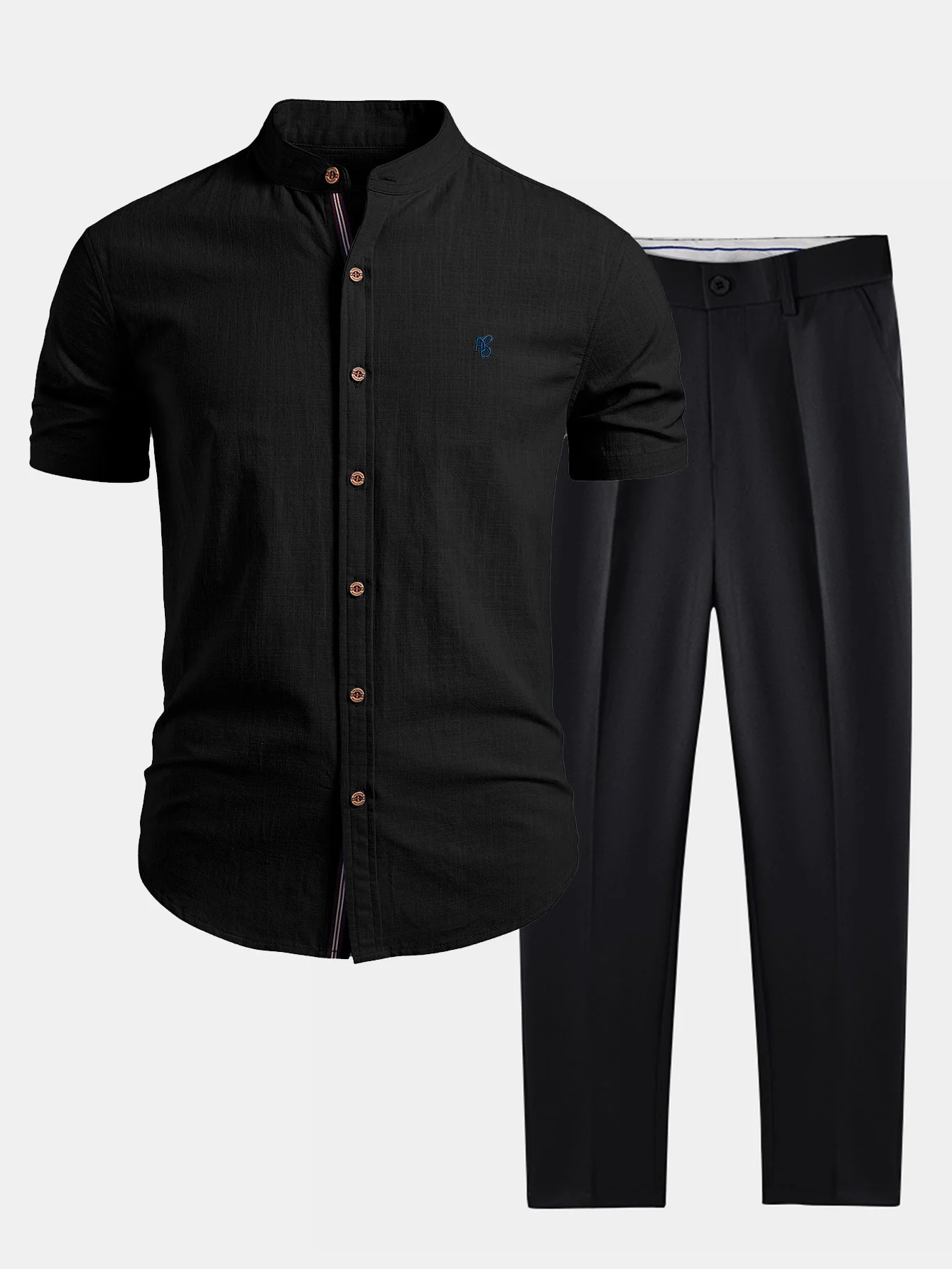 Short Sleeve Linen Look Stand Collar Shirt & Slim Fit Tapered Trousers - Image 2